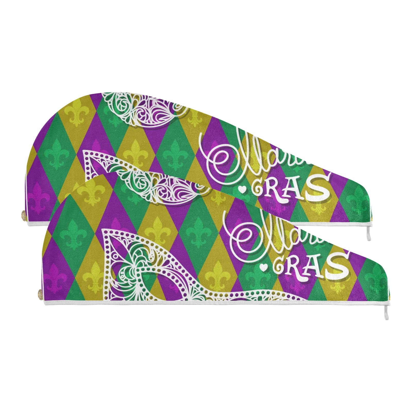 Mardi Gras Microfiber Hair Towel Wrap - Quick Dry Hair Turban for Women with Curly & Thick Hair - 2 Pack (9.45