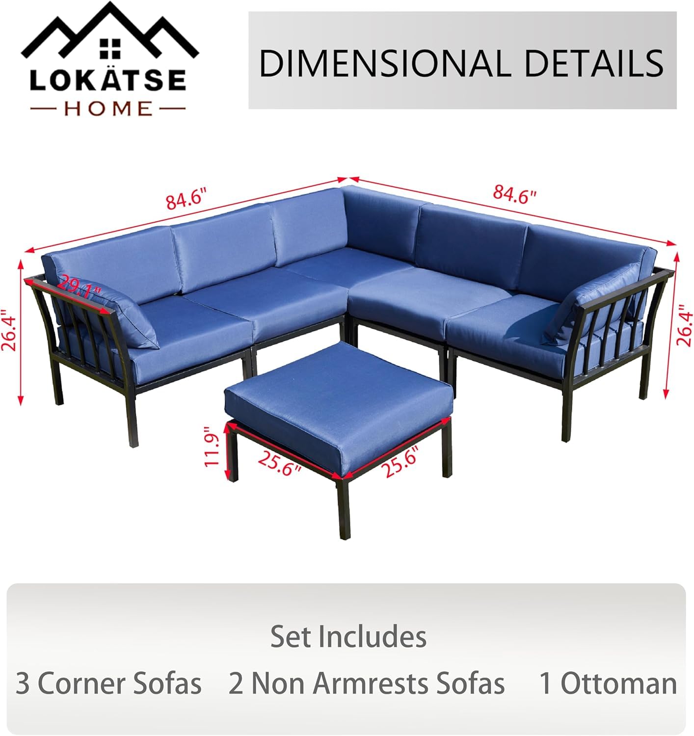 LOKATSE HOME 6-Piece Patio Conversation Set - Outdoor Sectional Sofa with 3 Corner Couch, 2 Armless Chairs & Ottoman - Blue Cushions - Perfect for Backyard, Garden, and Poolside Relaxation