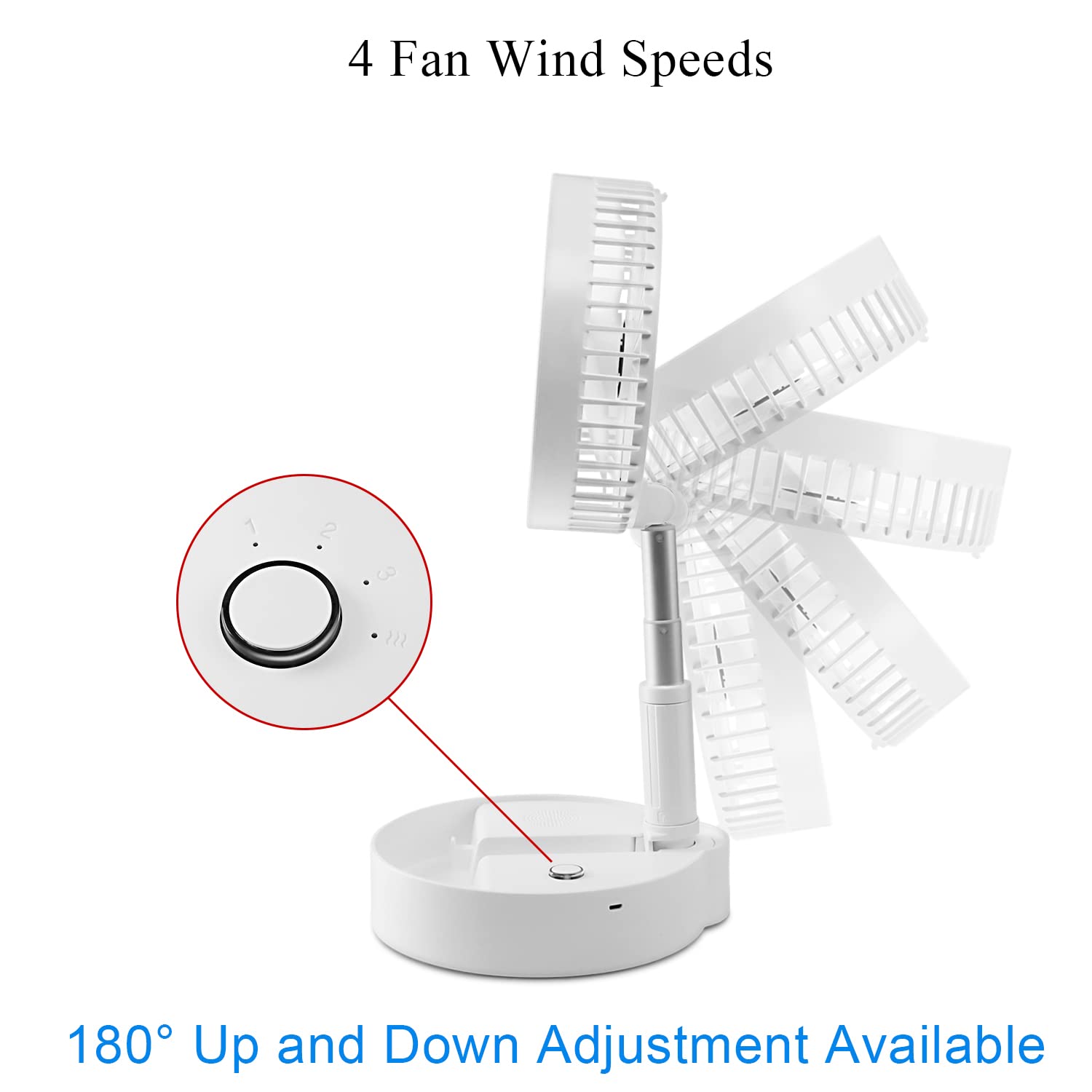 Upgraded 4-Speed Oscillating Fan - Height Adjustable, Folding & Portable with 7200mAh Rechargeable Battery (8.5-33.5 Hours) - Strong Wind for Home, Office, Travel, Camping & Car Use - White