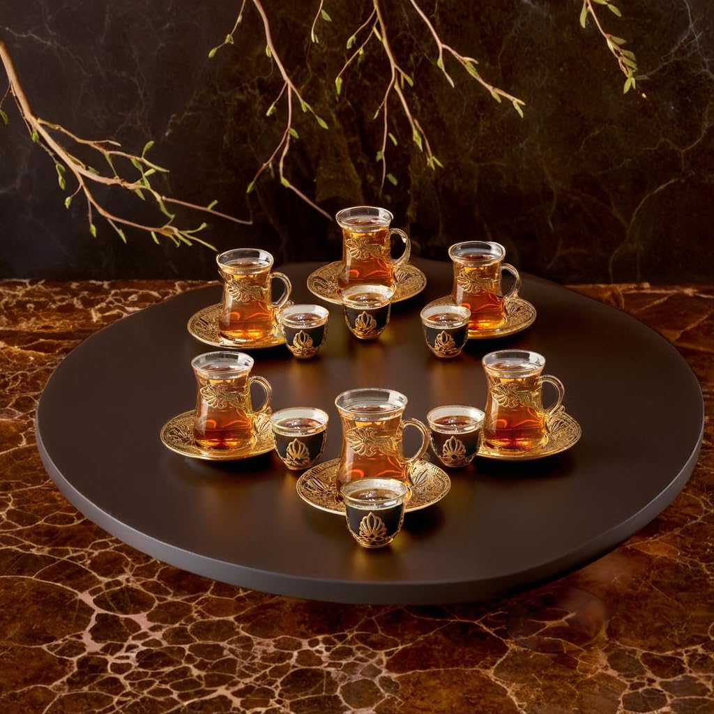 Vintage Handmade Turkish Tea Glasses Set of 6 with Saucer & Holder - Ottoman Style Mırra Cups for Arabic Tea Ceremony - Perfect for Serving Guests, Housewarming Gifts, Dinner Parties & Special Events - Elegant Gold Finish
