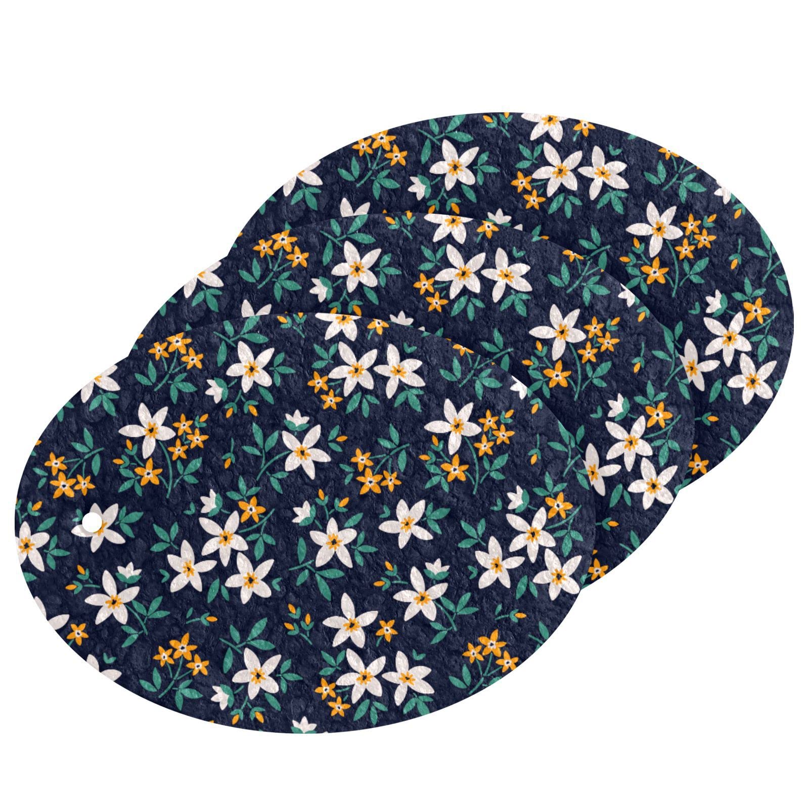 Kcldeci 3 Pack Kitchen Dish Scrub Sponge Pads - White Yellow Floral Scrubber for Dishes, Dishwashing & Household Cleaning | Durable & Absorbent Kitchen Sponges for Sinks, Countertops & Cookware
