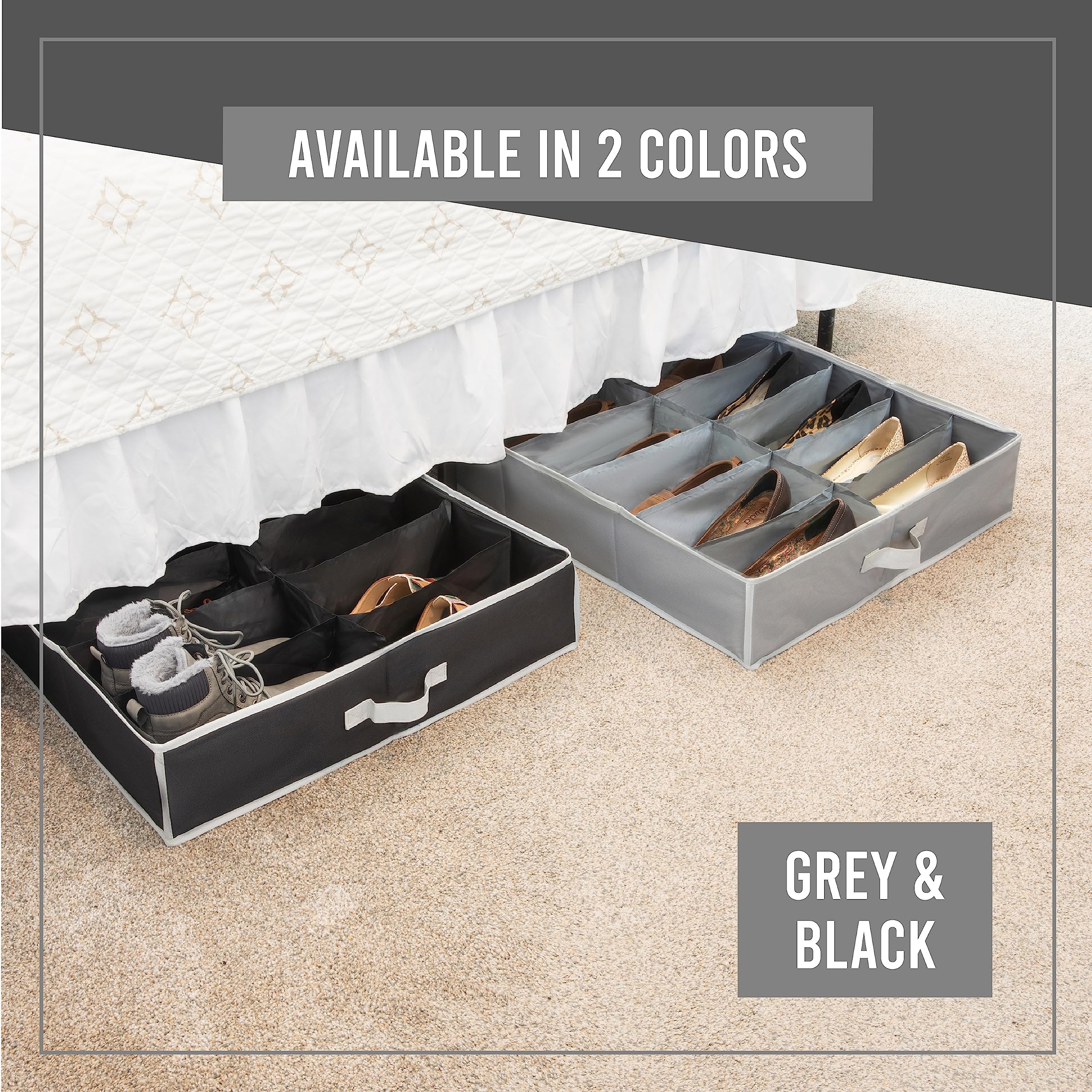 Under Bed Shoe Storage Organizer - Heavy Duty 600D Tear-Resistant Fabric - Holds Up to 16 Pairs of Men's & Women's Shoes - Extra Strong Zipper Closure - Space Saving Grey Shoe Box - Perfect for College Dorms, Small Apartments & Closet Organization