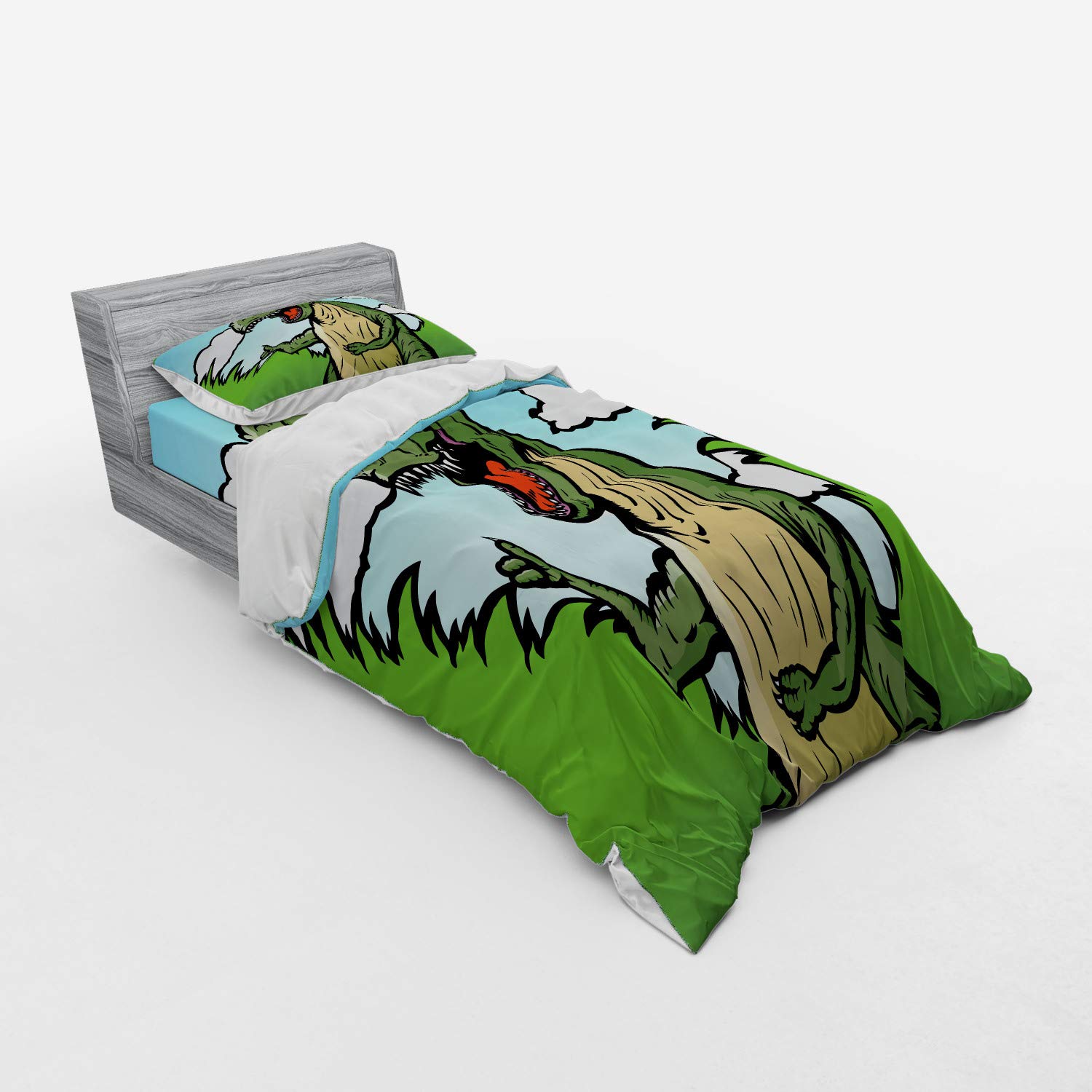 Ambesonne Dinosaur Bedding Set - 3 Piece Duvet Cover with Sham & Fitted Sheet, Twin Size, Green Dark Green Pale Blue | Cartoon T-Rex with Funny Face Thumbs Up Design | Perfect for Kids Room, Dinosaur Themed Bedroom & Nursery Decor