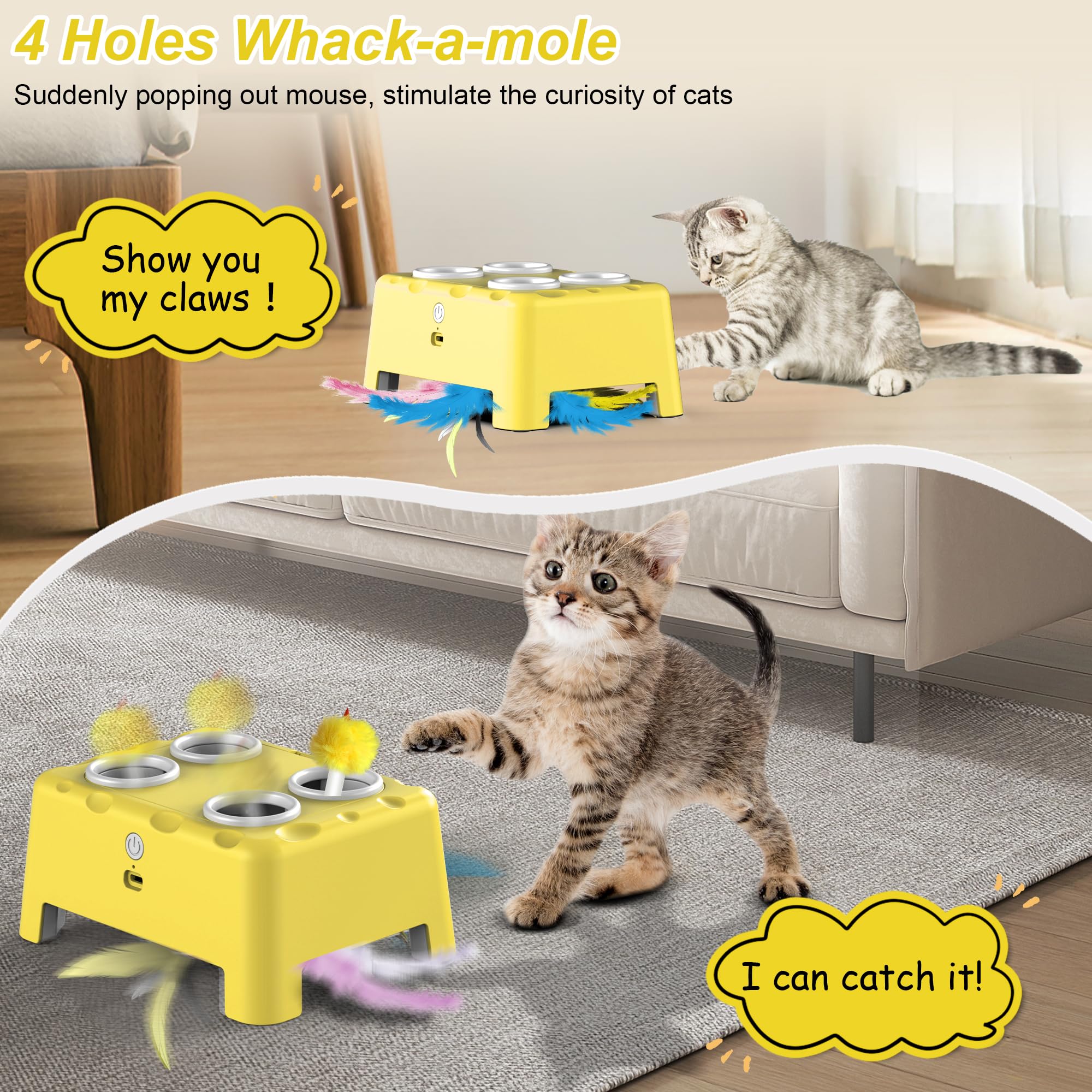 Interactive Cat Toys - 2-in-1 Automatic Cat Toy with Moving Feather & 4 Holes Mice Whack A Mole Game | USB Rechargeable Electronic Kitten Toys for Indoor Play & Exercise | Fun Yellow Cat Toy for Kittens & Adult Cats