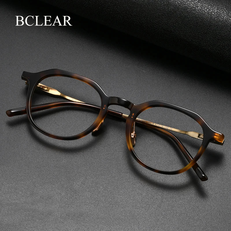 Bclear Unisex Full Rim Polygon Round Acetate Titanium Eyeglasses 298112 - Lightweight & Durable Frame for Men & Women - Perfect for Reading, Work & Fashion Accessories