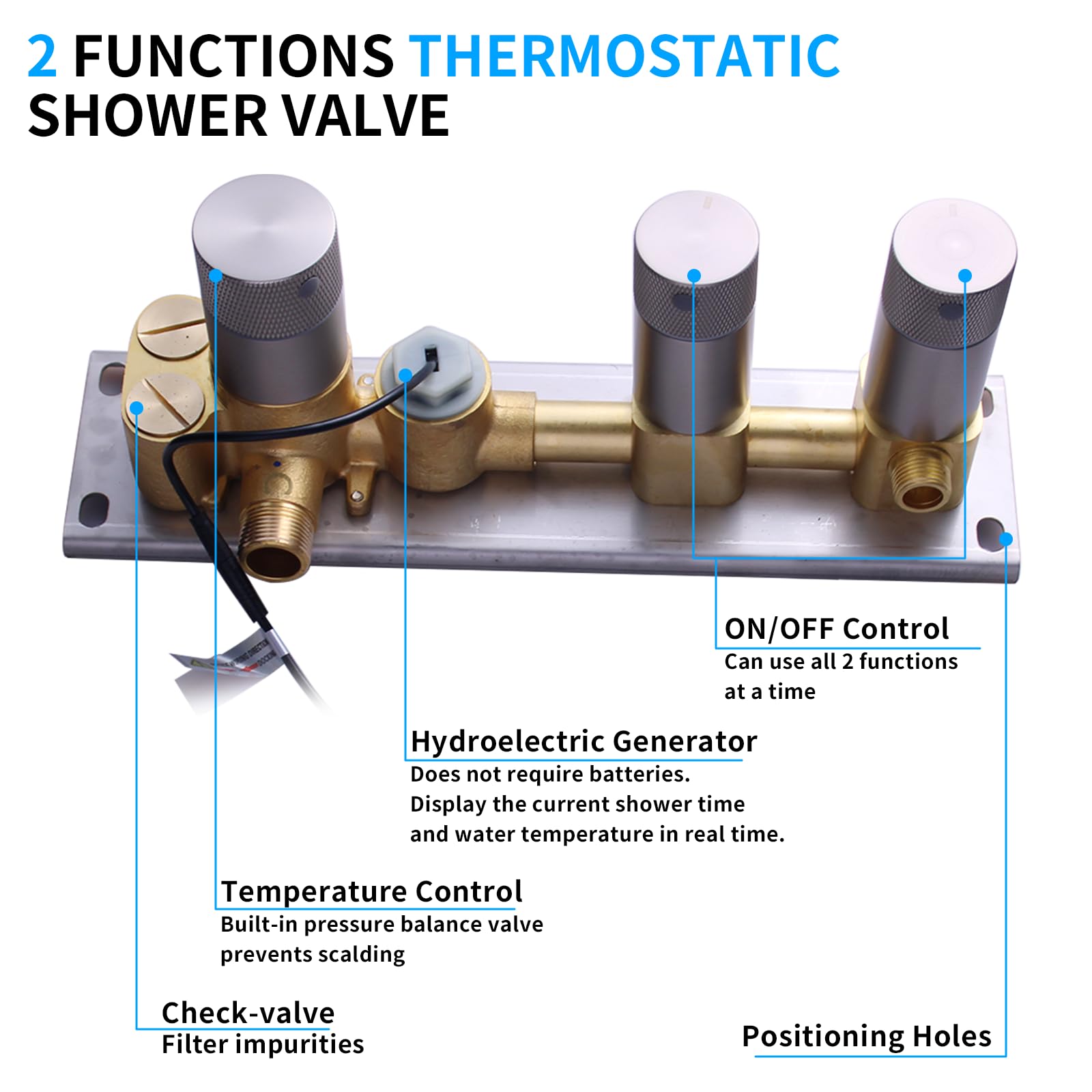 2-Way Push-Button Shower Diverter Valve with Temperature Display & Independent Volume Control - Brushed Nickel Finish for Bathroom & Spa Shower Systems