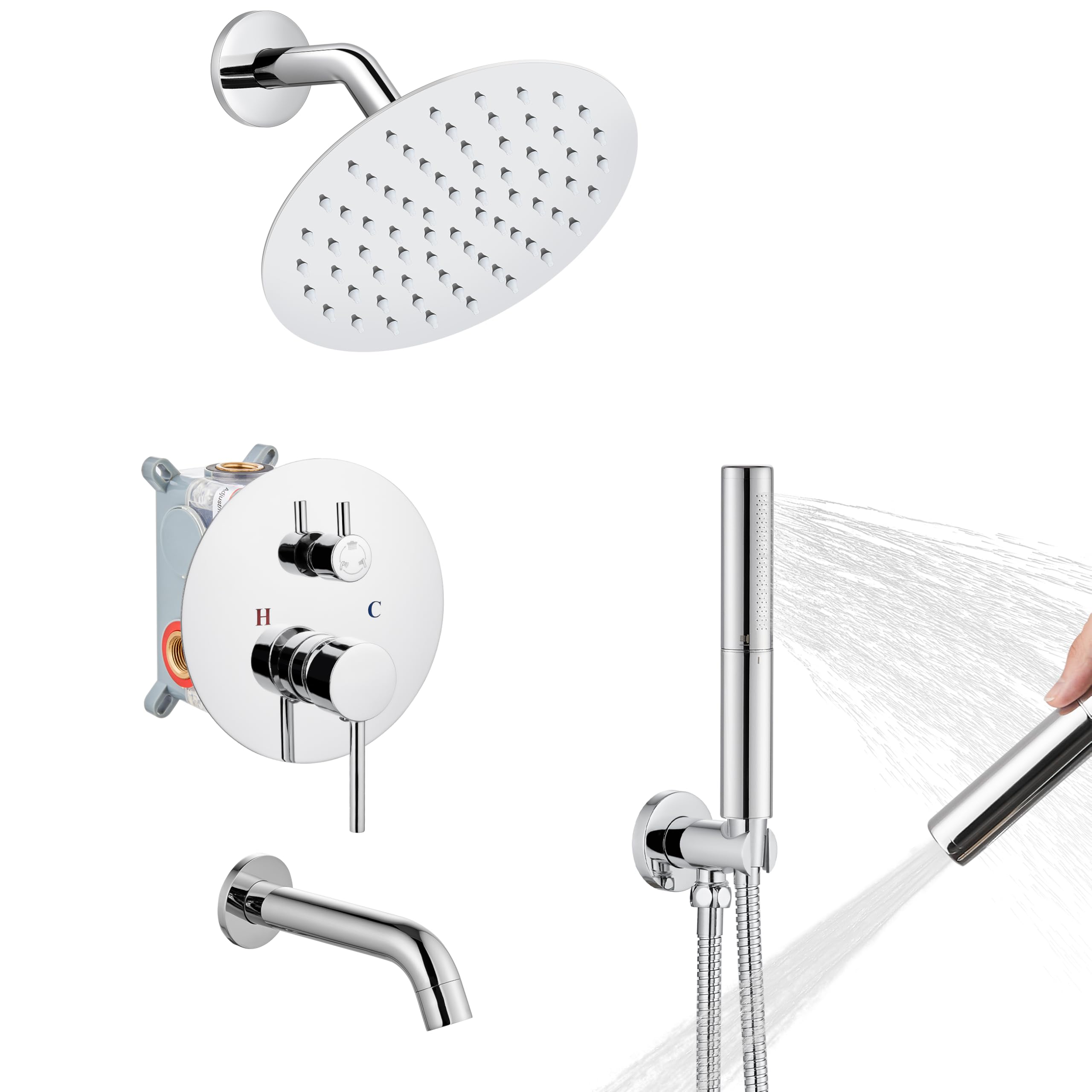 Airuida 8-Inch Round Shower System Set - 3-Function Wall Mount Rain Shower Faucet with 2-Function Handheld & Tub Spout - Chrome Polish Finish for Bathroom & Tub Shower Combo - Perfect for Modern Home & Spa Experience