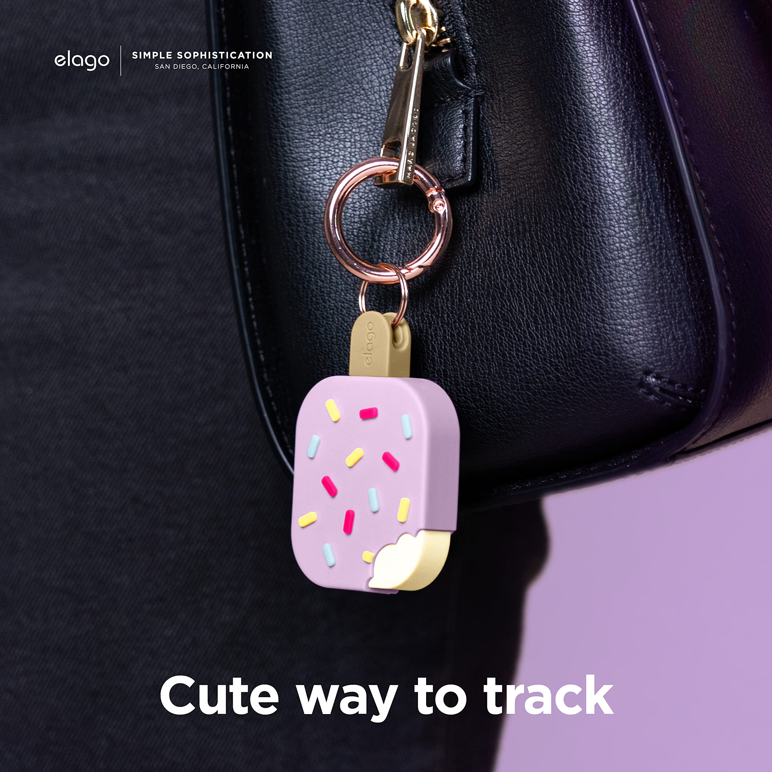 elago Ice Cream Case for Apple AirTag Keychain - Protective AirTag Holder with Carabiner Key Ring (Lavender) | Track Pets, Keys, Wallets & Bags | Perfect for Travel, Hiking & Daily Use