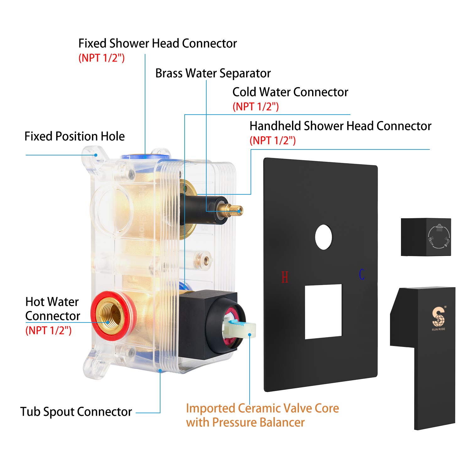 SR SUN RISE 12 Inch Modern Shower System with Tub Spout - All Metal Square Rainfall Shower Head & Handheld Shower Combo, 1.8GPM Flow Rate, Matte Black Finish - Includes Valve & Trim Kit for Bathroom Renovation & Luxury Spa Experience