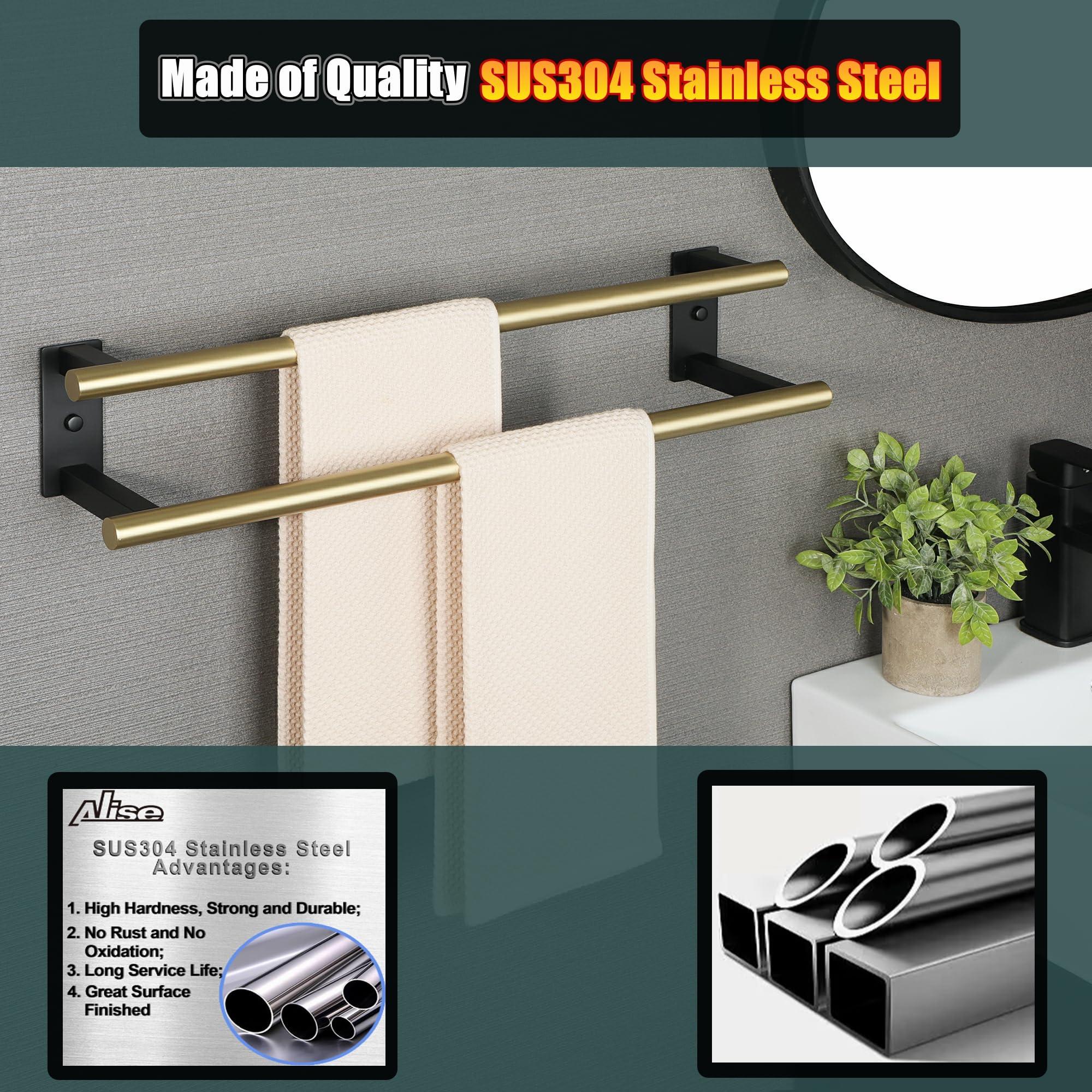 24 Inch Stainless Steel Double Towel Bar - Heavy Duty Wall Mounted Bathroom Towel Holder with Gold & Black Finish - Perfect for Bathrooms, Spas, and Luxury Hotels - SUS304 Thickened Pipe for Strong Load-Bearing Capacity