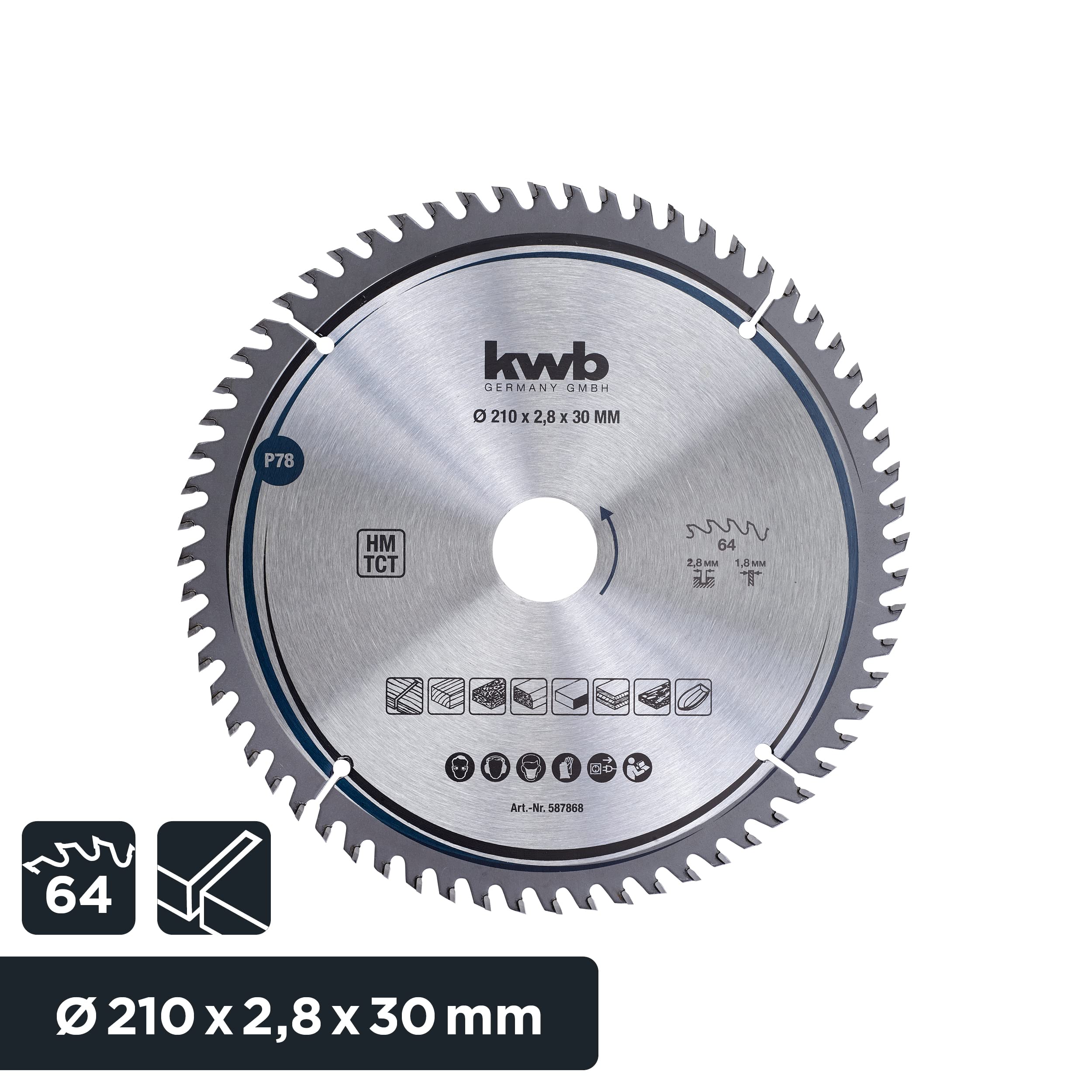 KWB 587868 210mm 64-Tooth Circular Saw Blade for Wood & Hardwood - Precision Fine Cut with 30mm Arbor | Ideal for Carpentry, DIY Projects & Professional Woodworking