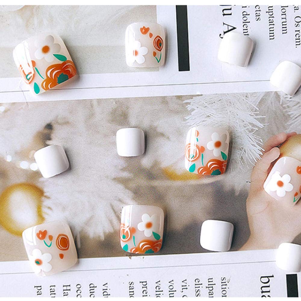 HUJL 24pcs Short White False Toe Nails with Cute Flower Design - Artificial Nail Tools for Foot Decoration & Full Manicure - Perfect for Pedicures, Nail Art, Salon Use and Home Manicure