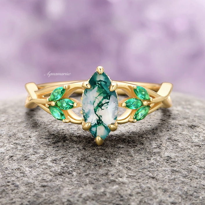 14K Solid Yellow Gold Moss Agate & Emerald Celtic Knot Ring - Elegant Irish Jewelry for Women, Perfect for Weddings, Anniversaries & Special Occasions