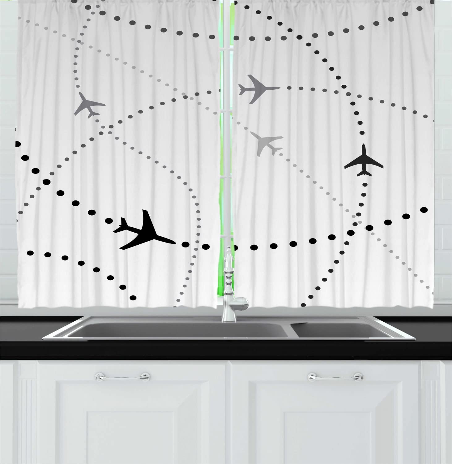 Ambesonne Airplane Print Long Kitchen Curtains - Dotted Flight Trails Travel Map Design, 2 Panel Rod Pocket Drapes for Living Room & Bedroom Decor, 55 x 45 Inches, Charcoal Grey & Pale Taupe - Perfect for Aviation Enthusiasts & Travel-Themed Home Decor