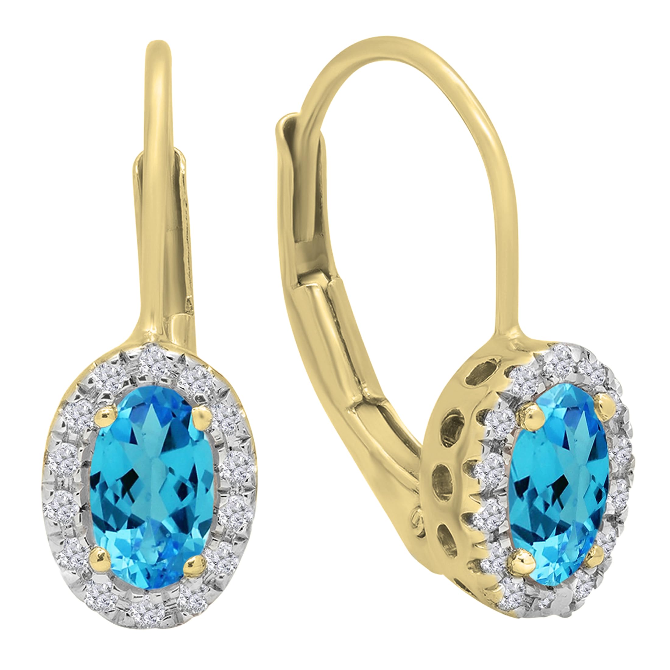 14K Solid Gold Blue Topaz & White Diamond Halo Lever Back Hoop Earrings for Women | 5x3mm Oval & Round Cut | Dazzlingrock Collection | Perfect for Weddings, Parties & Special Occasions