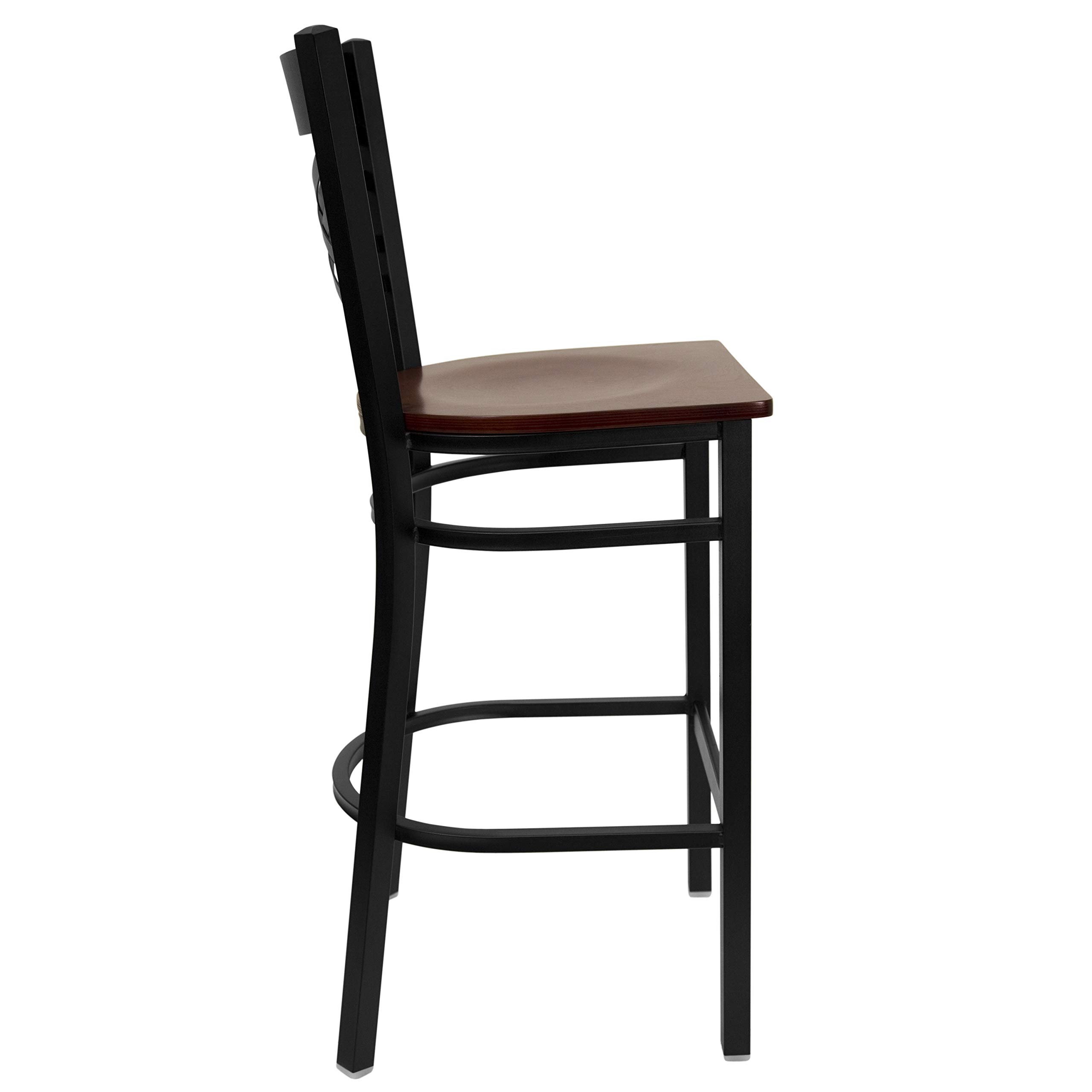 2 Pack Black X-Back Metal Bar Stools with Mahogany Wood Seat - Heavy Duty Counter Height Stools for Kitchen Island, Restaurant, Bar & Home Decor