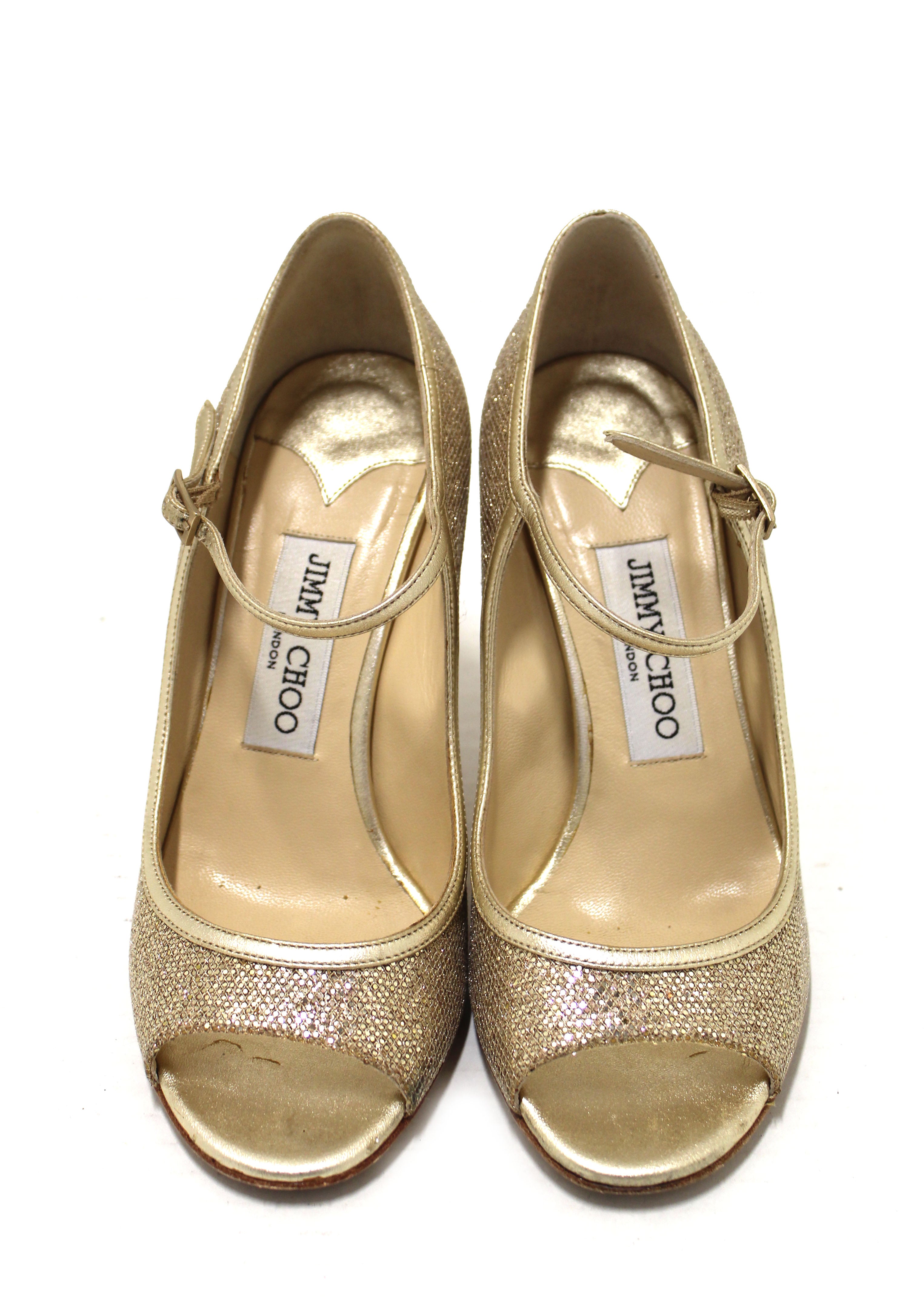 Authentic Jimmy Choo Champagne Gold Glitter Fabric Pump Heel Sandals Women's Size 36.5 - Perfect for Evening Parties, Weddings & Special Occasions