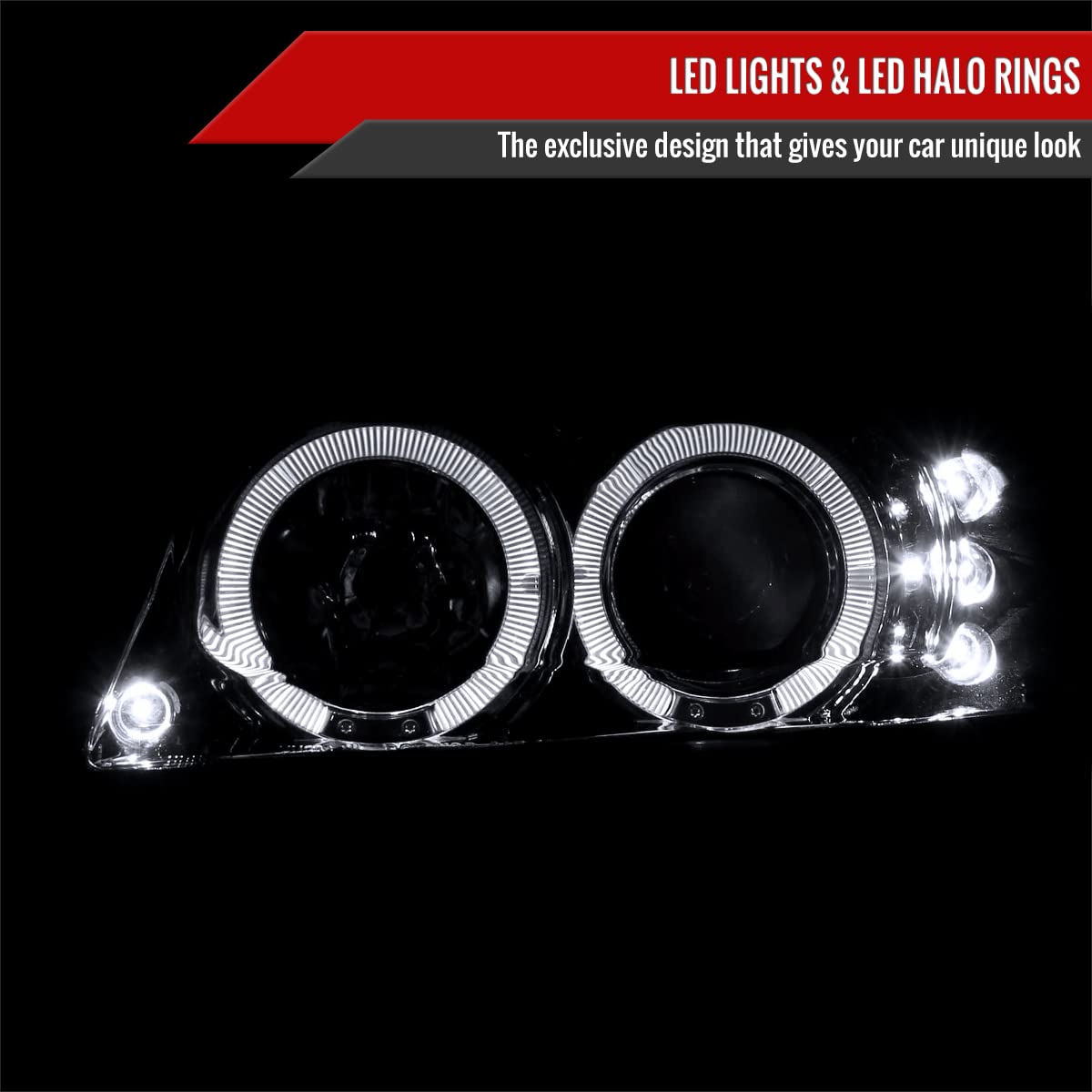 Chrome Clear LED Halo Projector Headlights for 1999-2004 Vehicles - High Performance Headlamp Pair - Perfect for Night Driving & Car Upgrades
