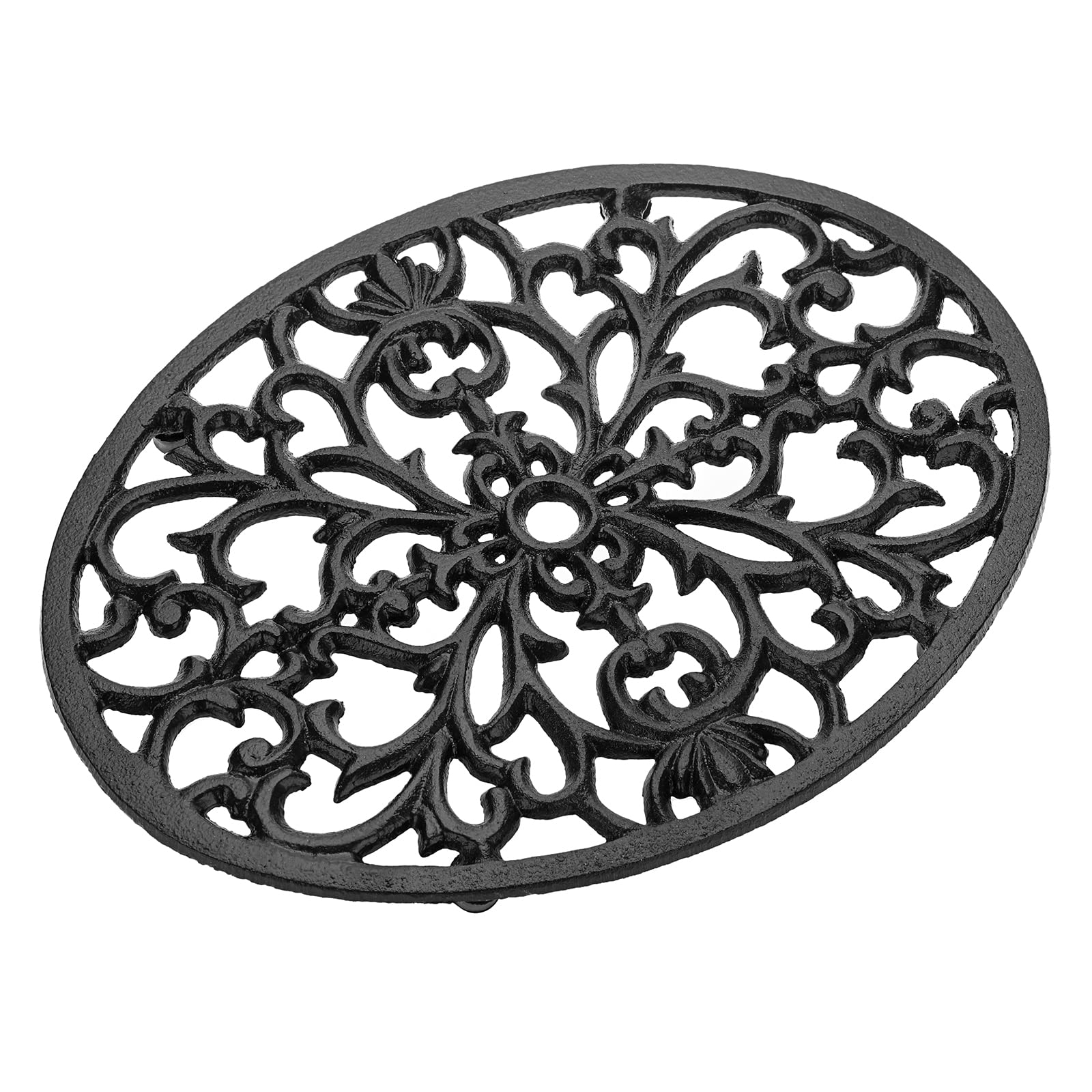 SUMTree Oval Cast Iron Trivet - Heavy Duty Decorative Hot Pot Holder with Vintage Pattern & Rubber Pegs - Perfect for Kitchen Countertops, Dining Tables & Protecting Surfaces from Heat Damage
