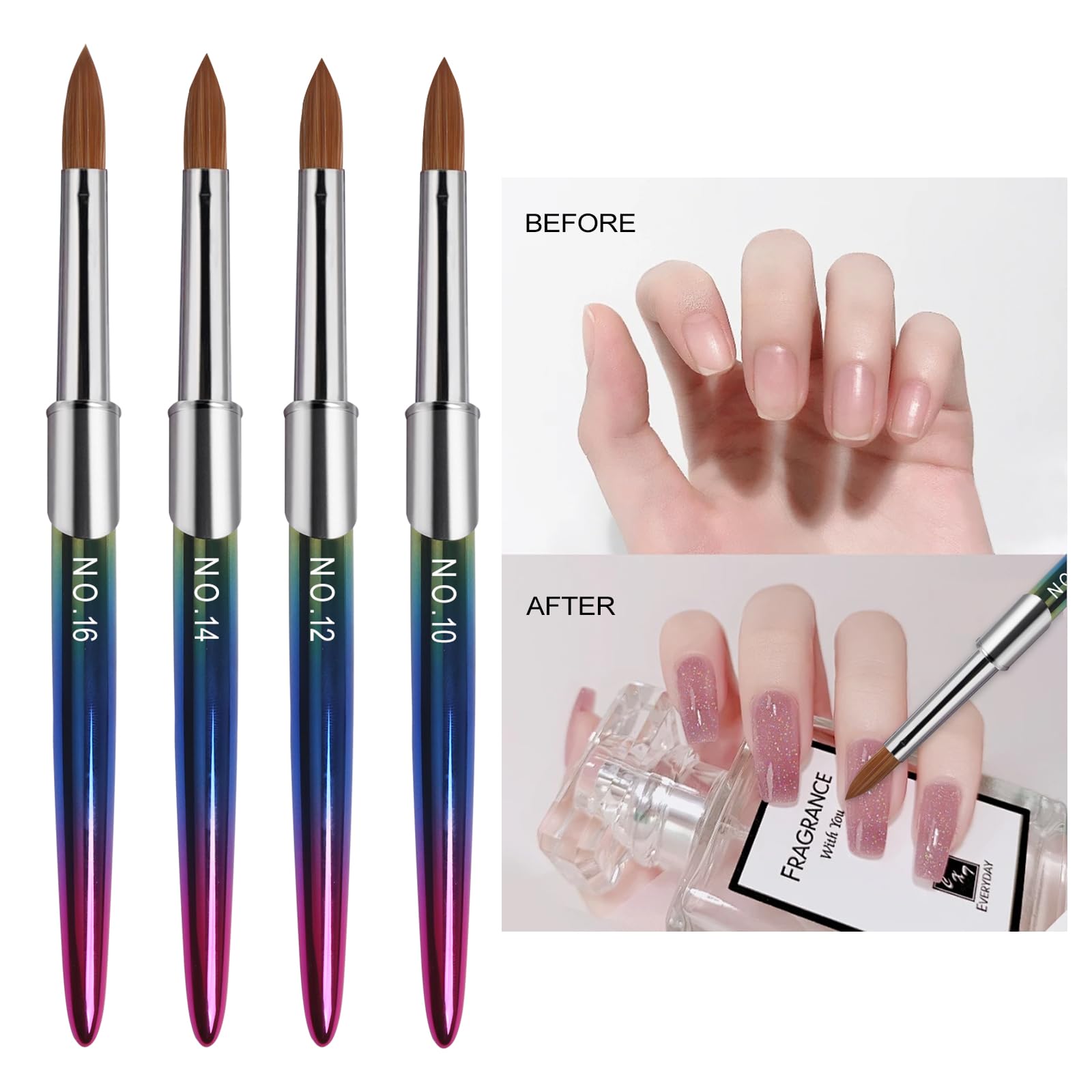 Professional Acrylic Nail Brush Set - 4PCS Kolinsky Nail Brushes Size 10/12/14/16 for Acrylic Powder Application, Nail Extensions & 3D Carving | Perfect for Salon, Home Manicure & Nail Art Design