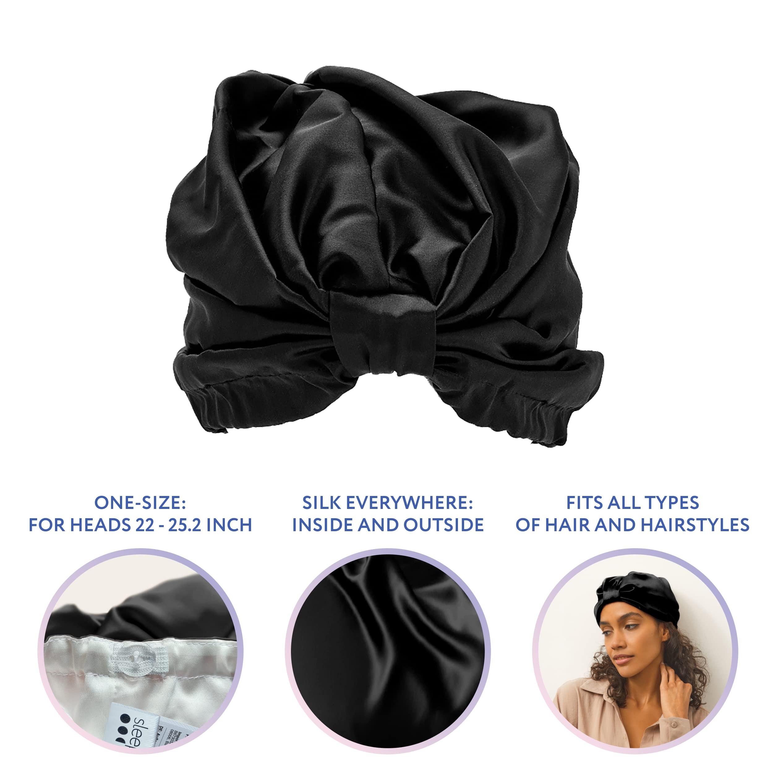 Sleep & Glow Luxury 100% Mulberry Silk Hair Turban for Sleeping - Double Layered Night Hair Bonnet for Healthy Shiny Hair (Black) - Perfect for Bedtime Hair Care & Travel