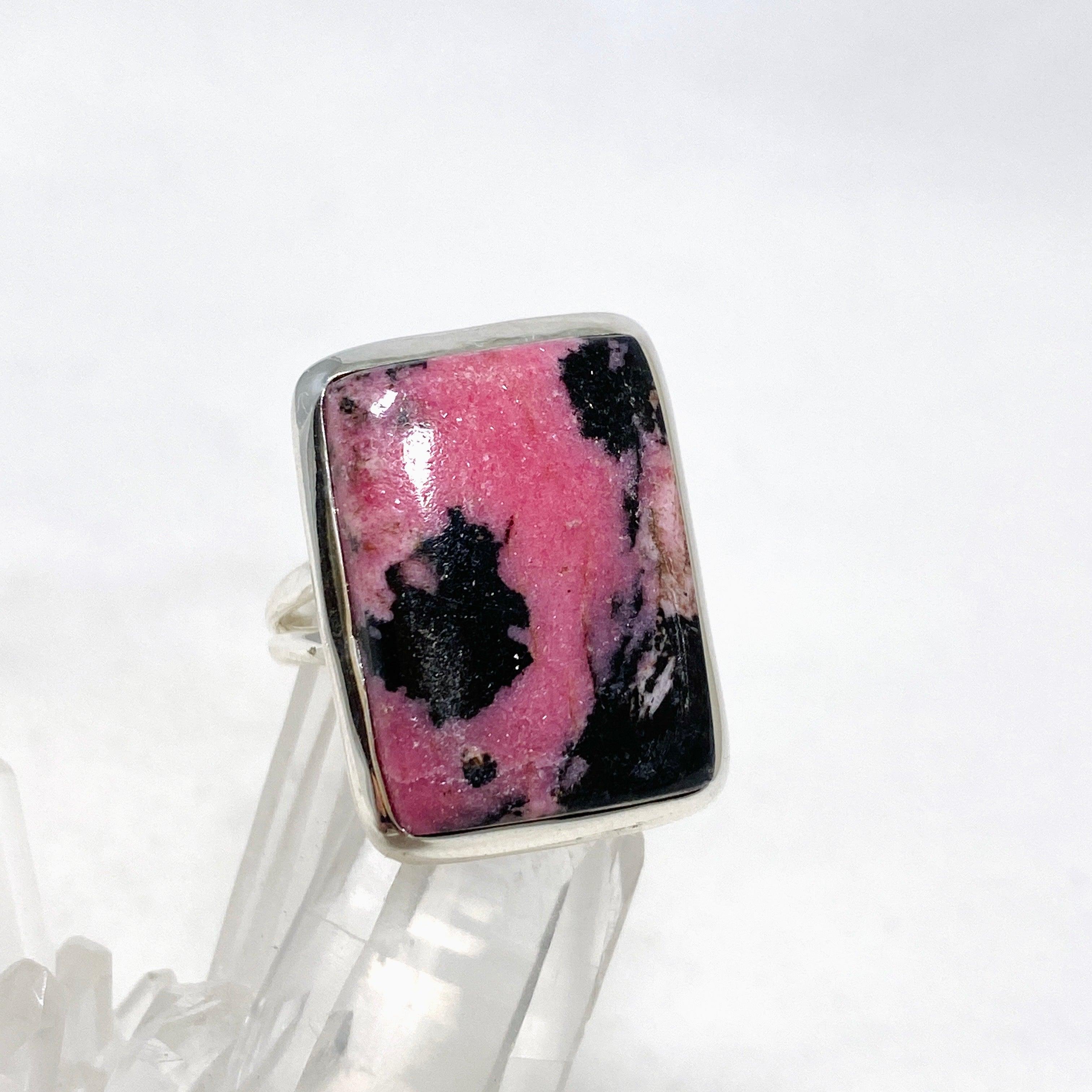 Rhodonite Rectangle Split Band Ring for Women - Size 6 Sterling Silver Healing Stone Jewelry KRGJ3211 | Gift for Her, Meditation, Energy Balancing