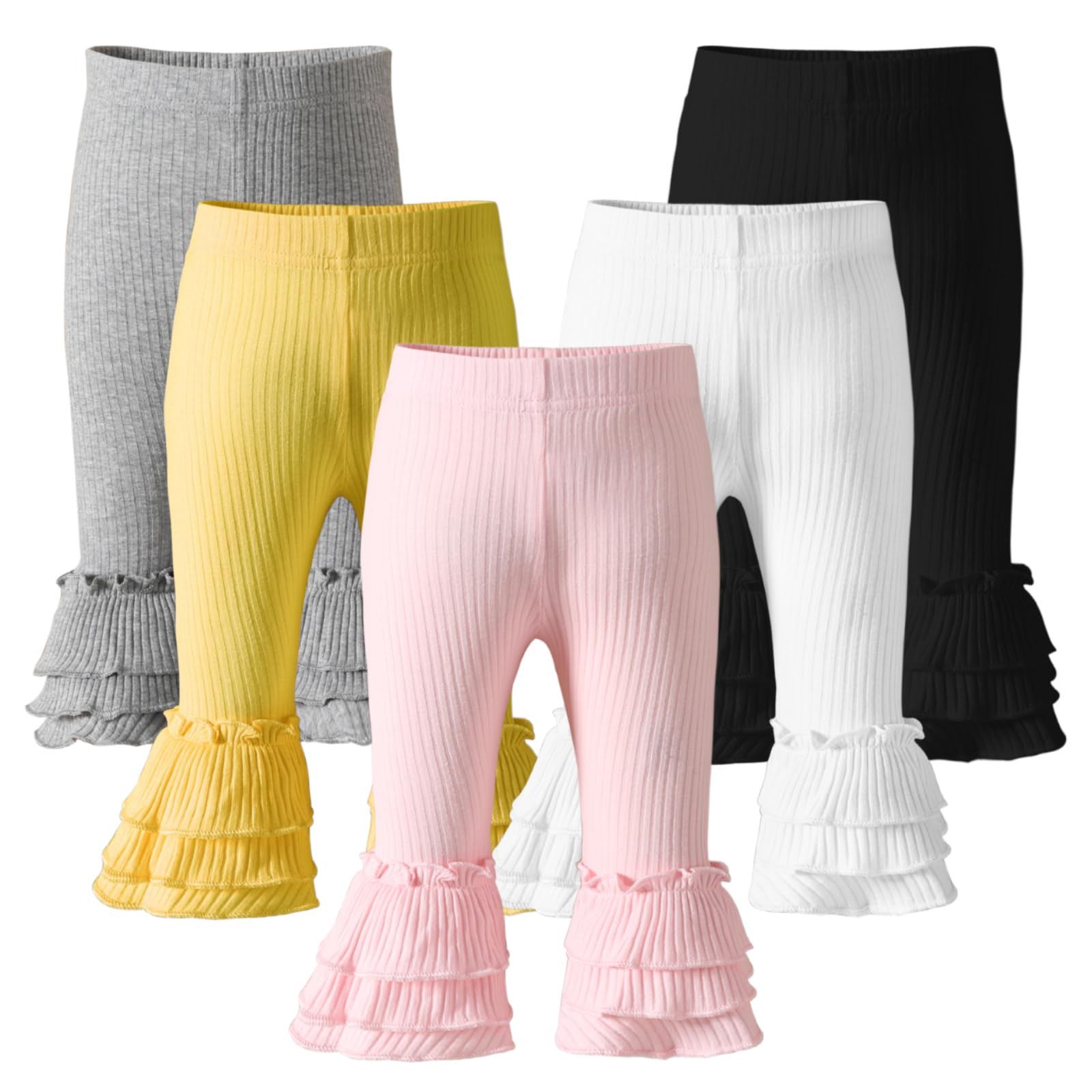 Newborn Baby Girl Pants Leggings - Ribbed Straight Flare Bell Bottoms 5-Pack | Soft Cotton Infant Toddler Leggings for Playtime, Daycare & Photo Shoots