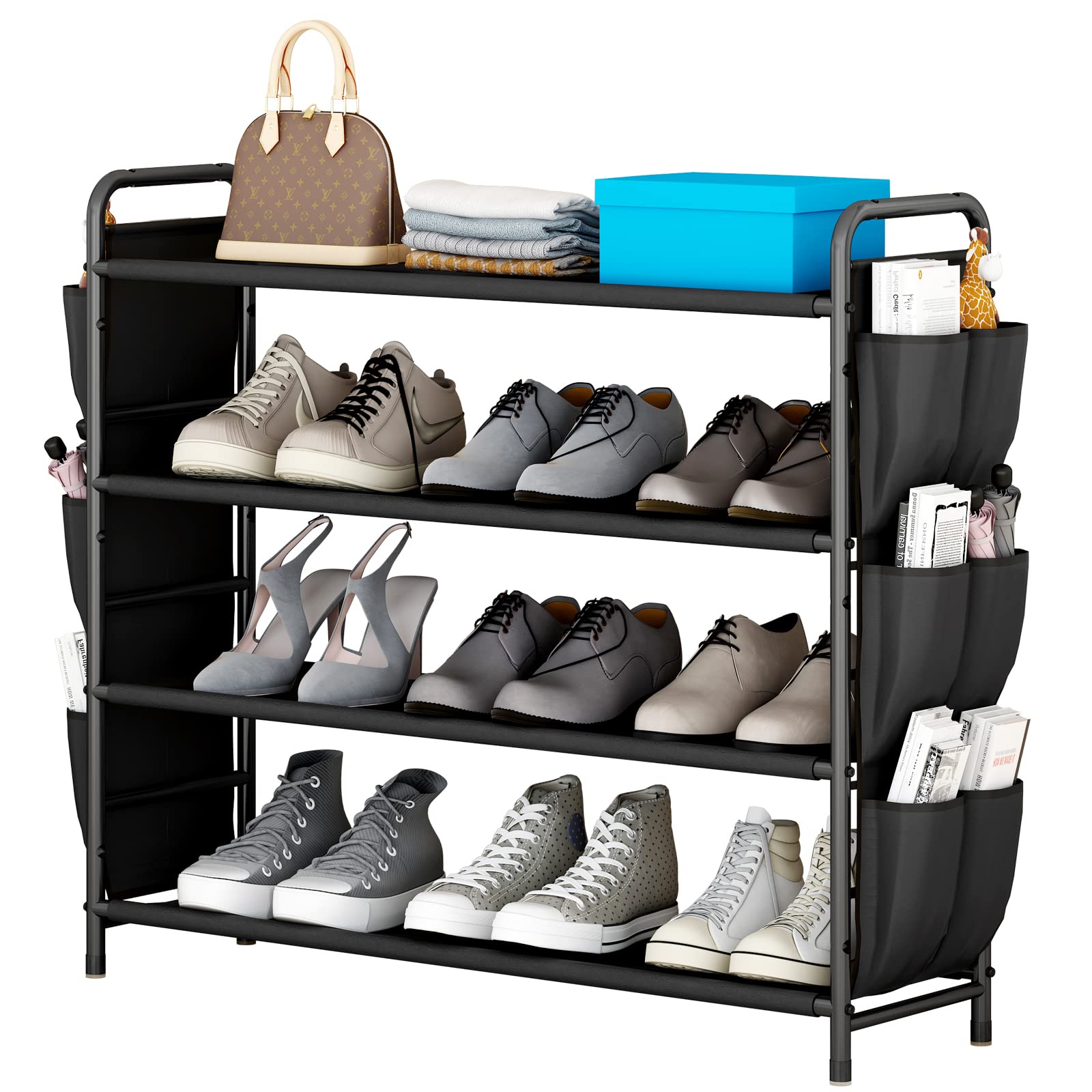 4-Tier Stackable Shoe Rack Organizer with Double Side Pockets - Space Saving Metal Shoe Storage Shelf for Closet, Entryway, Bedroom - Perfect for Small Spaces & Shoe Organization (Black)