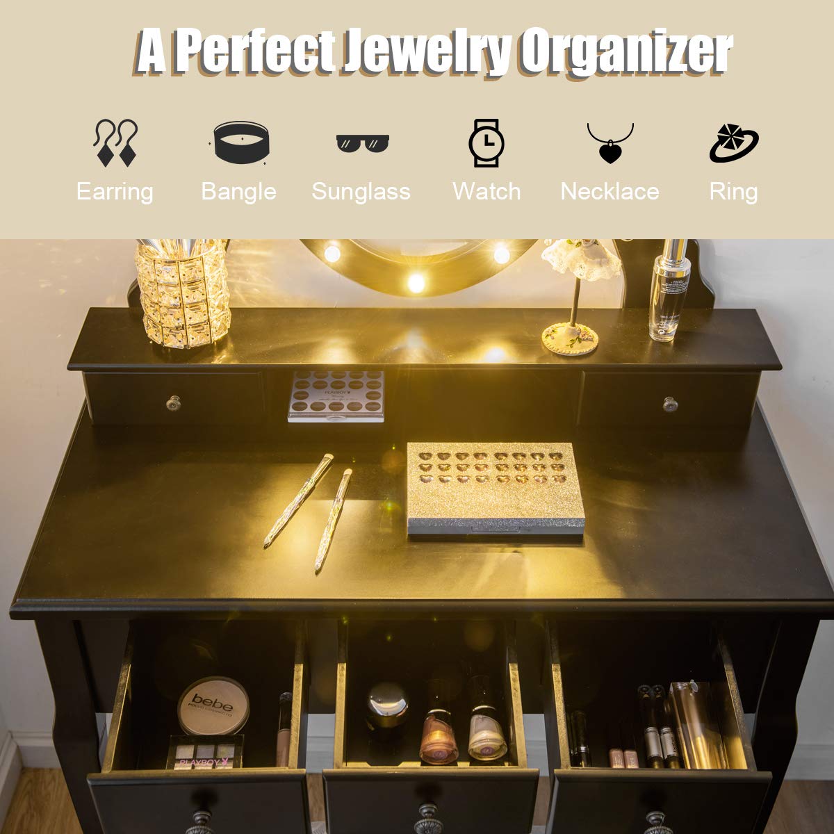 GOFLAME 360° Rotating Oval Makeup Mirror Vanity Set with LED Lights - Dressing Table & Cushioned Stool, 5 Sliding Drawers, Detachable Top - Perfect for Bedroom, Dressing Room, Home Decor (Black) | Ideal for Makeup Application, Skincare Routine & Home Organization