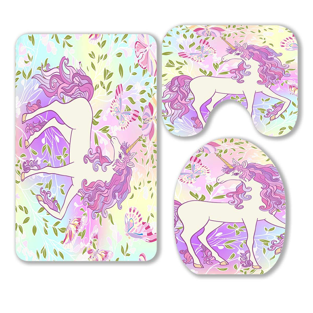 ECZJNT Unicorn Butterfly Rainbow Star & Heart 3-Piece Bathroom Rug Set - Soft Non-Slip Contour Mat & Toilet Lid Cover - Perfect for Kids' Bathroom, Nursery Decor & Fantasy Themed Home