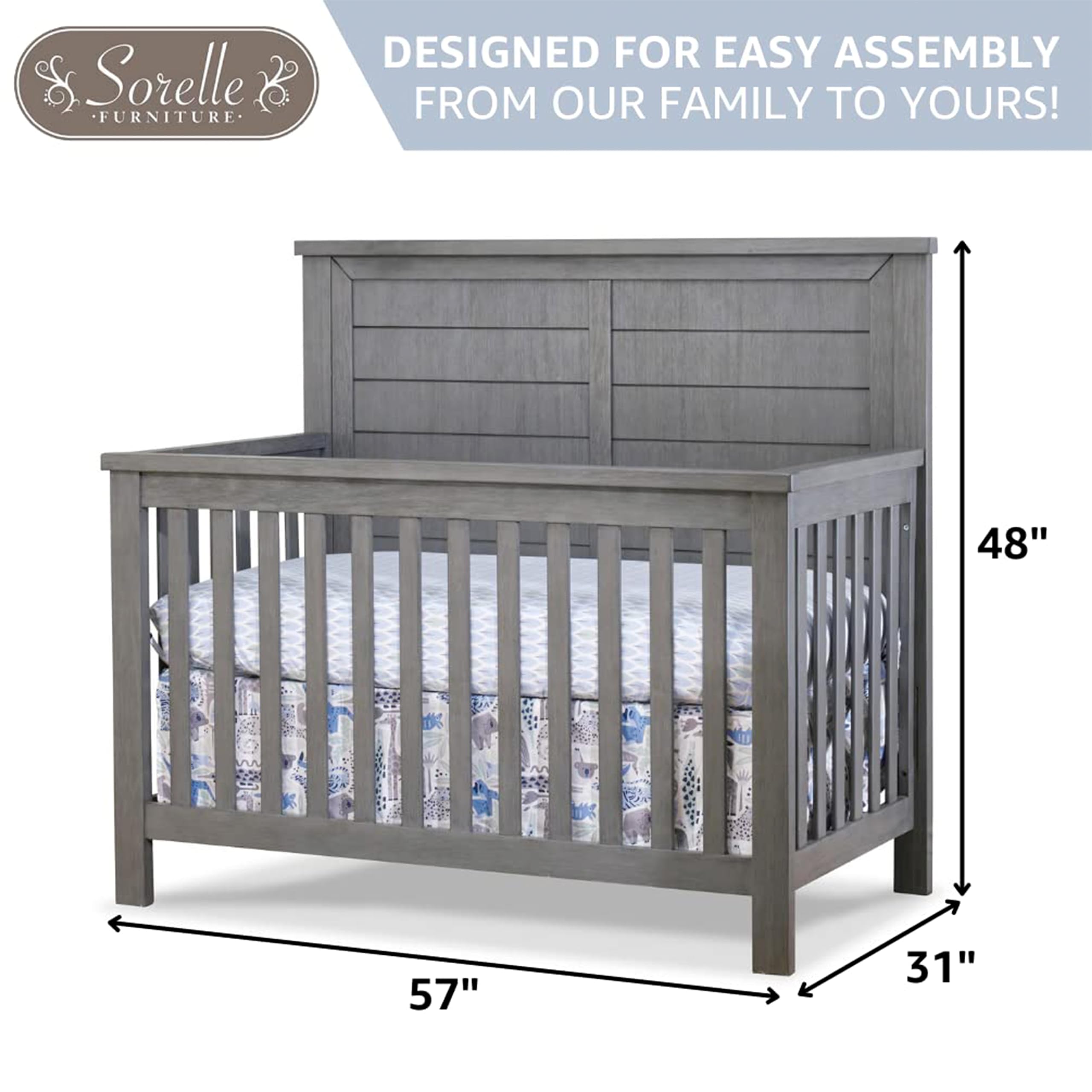 Sorelle Furniture Westley 4-in-1 Convertible Baby Crib - Classic Wooden Crib with Non-Toxic Finish | Toddler Bed & Daybed Conversion | Safe Nursery Furniture for Newborns & Kids (Grigio) - Perfect for Modern Nurseries & Children's Bedrooms