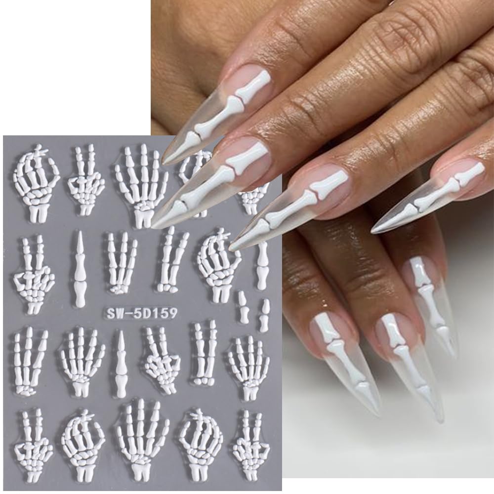 5D Embossed Halloween Skull Nail Stickers - 2PCS Self-Adhesive Skeleton Bones Nail Art Decals for Women, Manicure Decorations | Perfect for Halloween Parties, Gothic Nail Art Designs & Spooky Themed Nail Decor