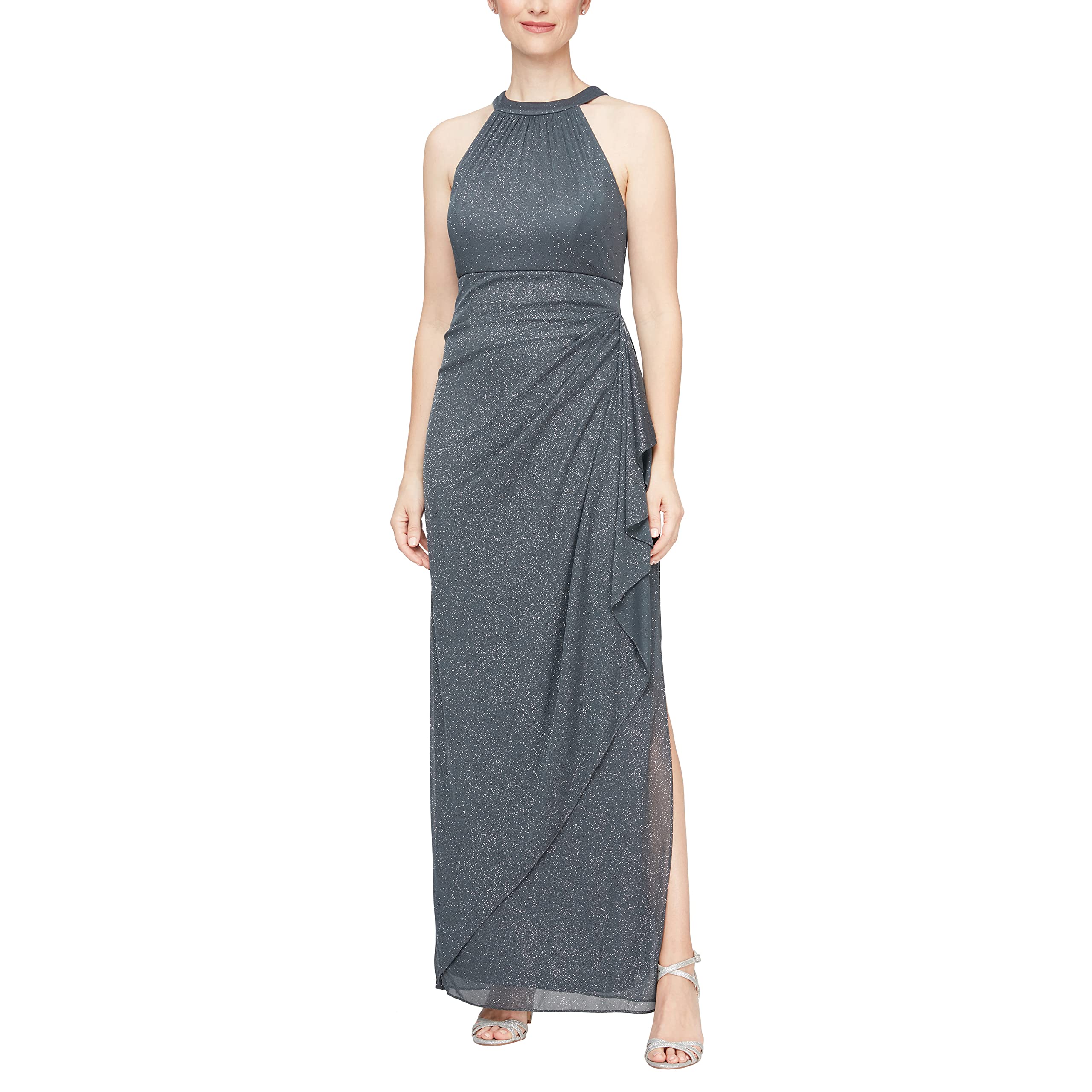 Alex Evenings Women's Long Glitter Mesh Wedding Guest Dress - Elegant Formal Gown with Halter Neckline for Special Occasions (Petite & Regular Sizes) | Perfect for Weddings, Galas, Prom Nights & Evening Parties