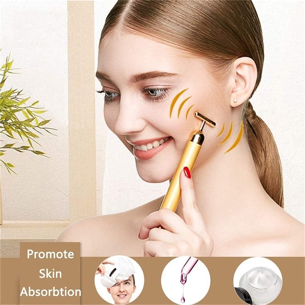 TECVA Gold Facial Massager - Electric T-Shape Beauty Bar for Face Lifting, Firming & Anti-Wrinkle Skin Care | Skin Tightening Tool for Home Spa & Professional Use (Gold)