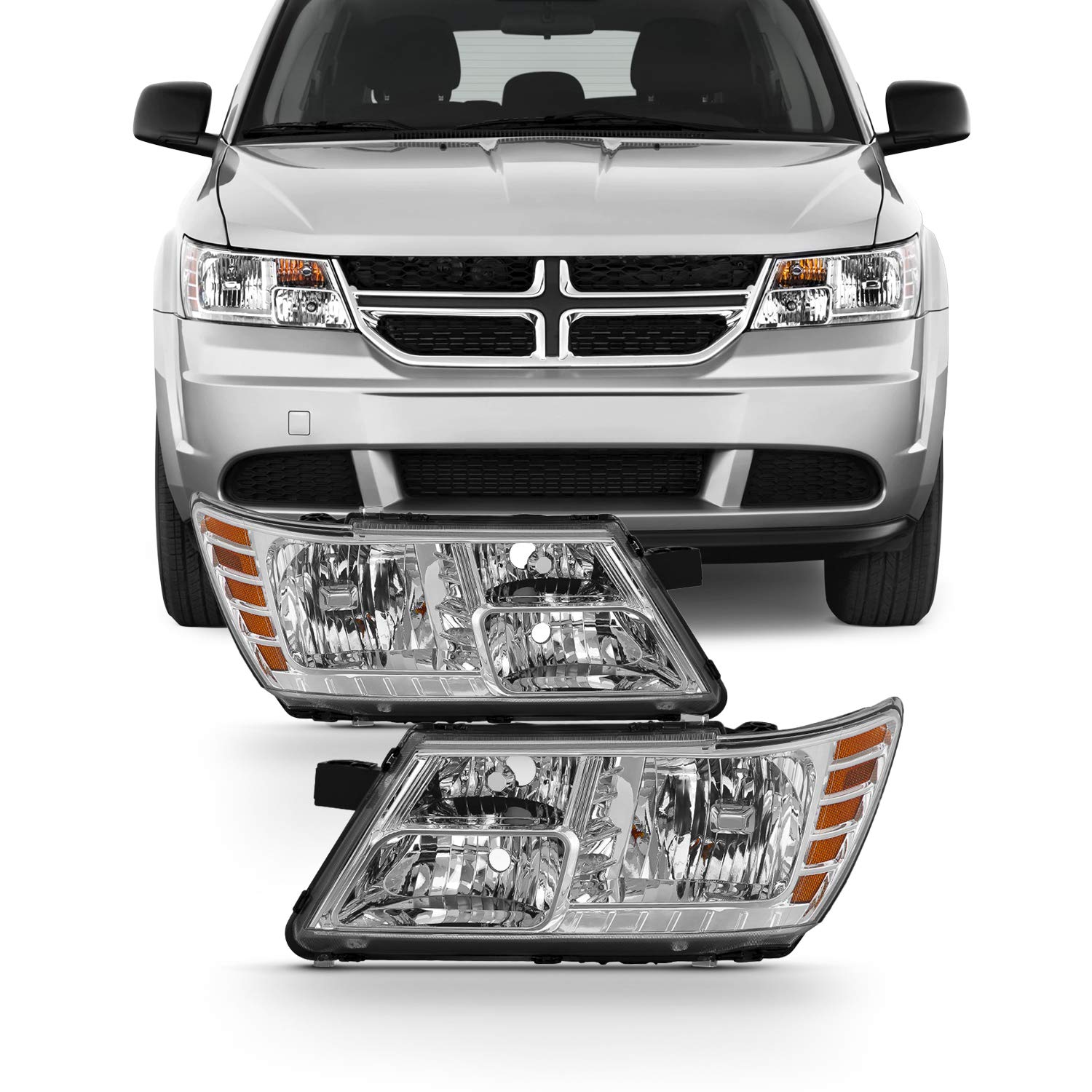 AKKON Replacement Headlight Assembly for 2009-2020 Dodge Journey - Driver & Passenger Side - Chrome Housing with Clear Lens - Complete Set - Perfect for Night Driving & Vehicle Restoration Projects