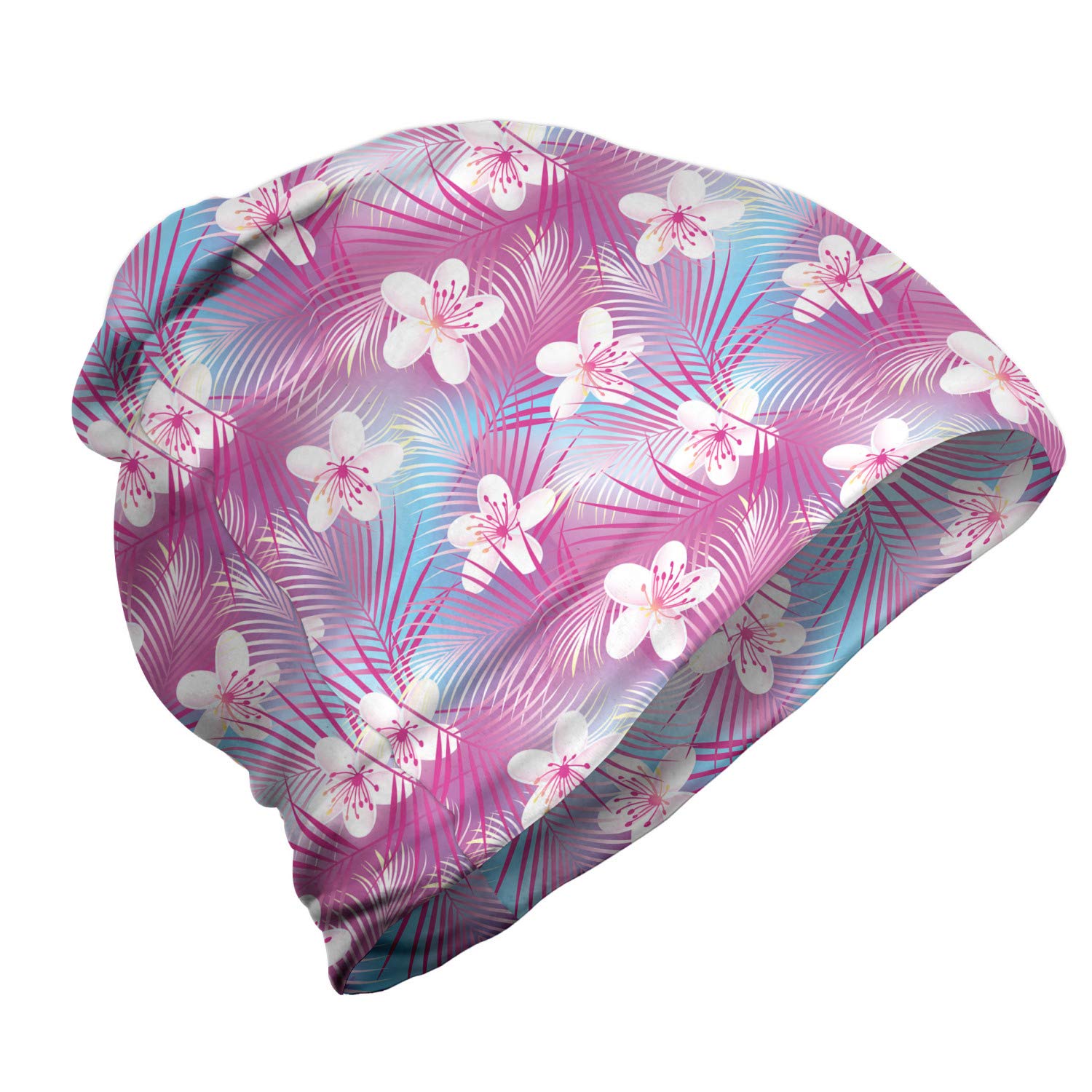 Ambesonne Unisex Beanie - Soft Winter Hat with Frangipani Hibiscus Floral Pattern in Hot Pink & White | Warm Knit Beanie for Men & Women | Perfect for Hiking, Outdoor Activities & Cold Weather Fashion
