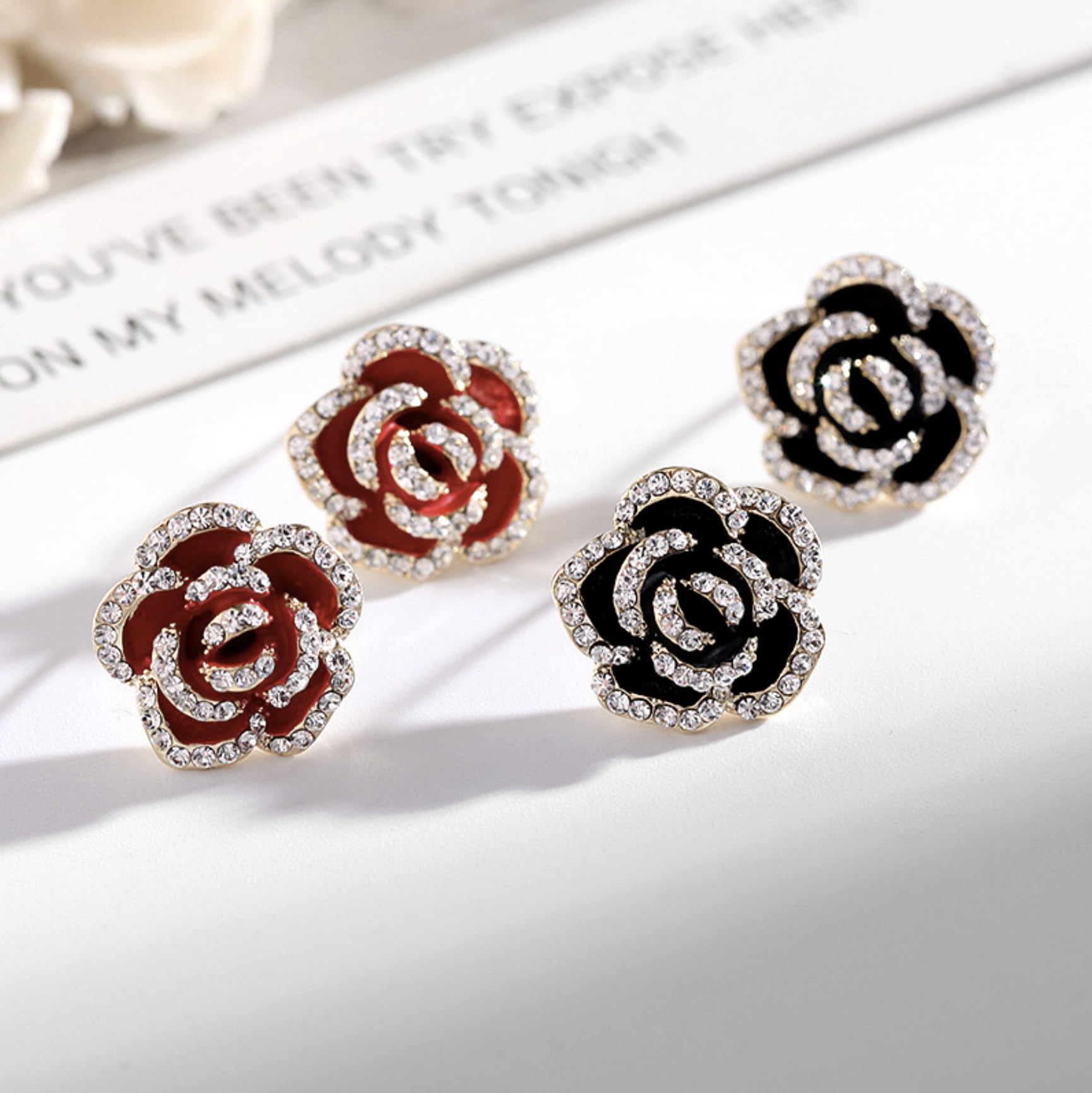 Gold Plated Cubic Zirconia Rose Flower Stud Earrings for Women - Dainty Silver Post Earrings with Clear Rhinestones | Fashion Jewelry Gift for Teen Girls & Women | Perfect for Weddings, Date Nights & Special Occasions