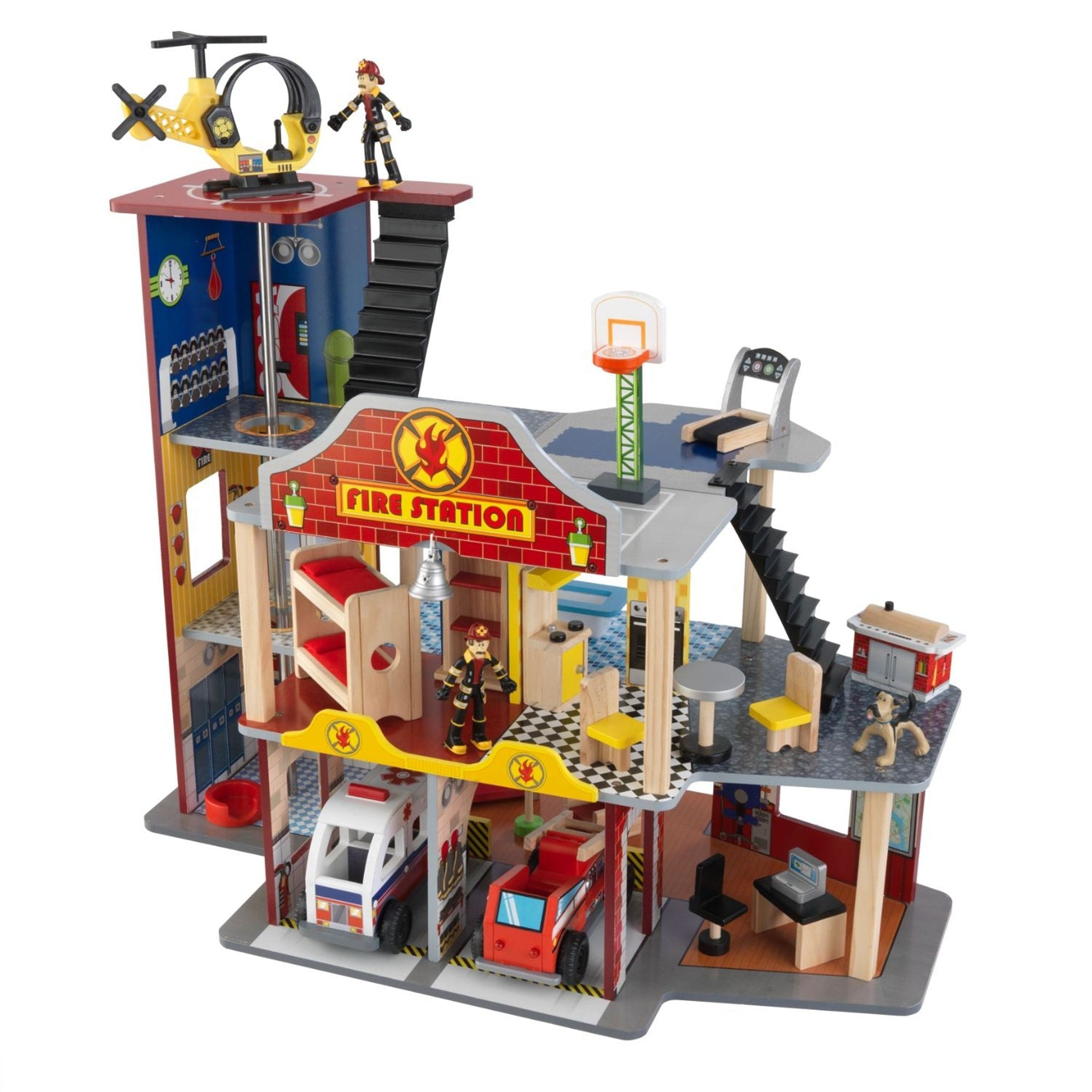 KidKraft Deluxe Fire Rescue Set - Wooden Fire Station Playset with Fire Truck & Accessories for Kids Ages 3+ | Pretend Play, Role Play & Imaginative Play for Toddlers & Preschoolers