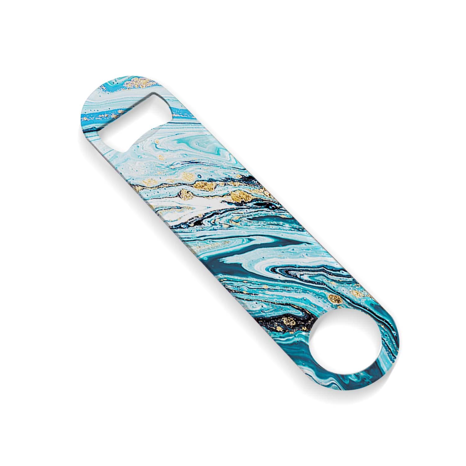 Heavy Duty Stainless Steel Flat Bottle Opener - 7 Inch Professional Bartender Tool with Blue Marble Design - Perfect for Bars, Parties, Camping & Home Use