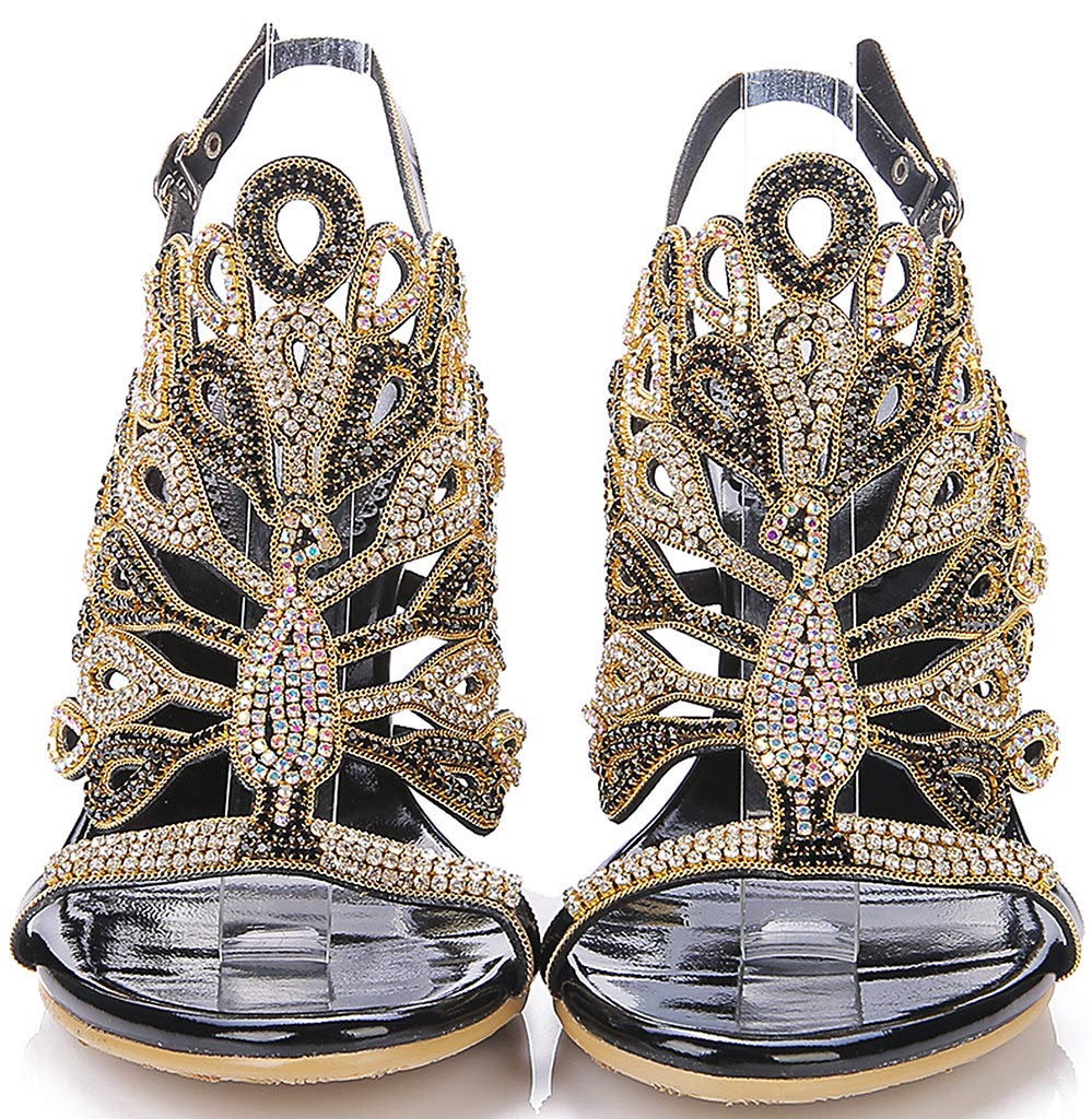 LizFoYa Women's Rhinestone Peacock Wedding Sandals - Elegant Chunky High Heels for Evening Dresses, Prom, Bridal Party & Special Occasions