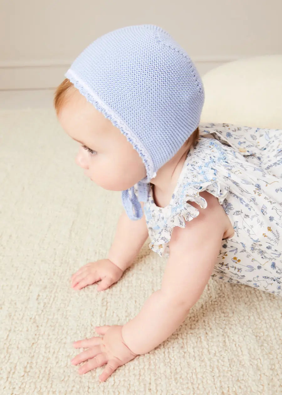 Blue Lace Detail Knitted Baby Bonnet for Newborn to 6 Months - Soft Cotton Winter Hat for Infant Girls & Boys - Perfect for Photoshoots, Christenings, and Everyday Wear