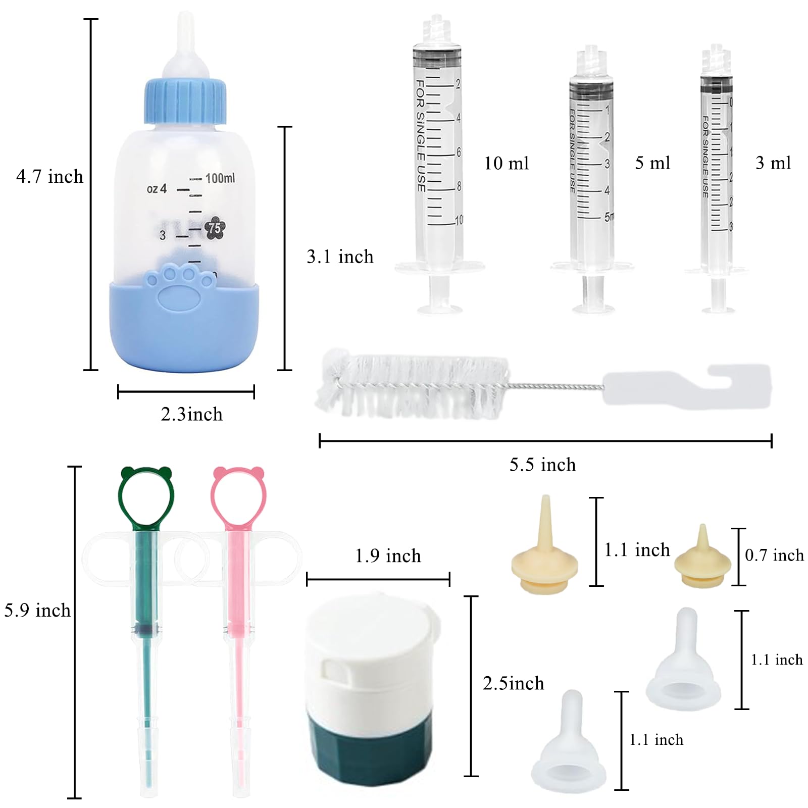 Premium Kitten Bottle Feeding Kit - Complete Set with Kitten Bottle, Liquid Syringe, Cat Pill Shooter, Pill Grinder & Reusable Silicone Nipple - Essential for Hand-Feeding Newborn Kittens, Sick Cats & Small Pets - Perfect for Rescue, Weaning & Medication Administration