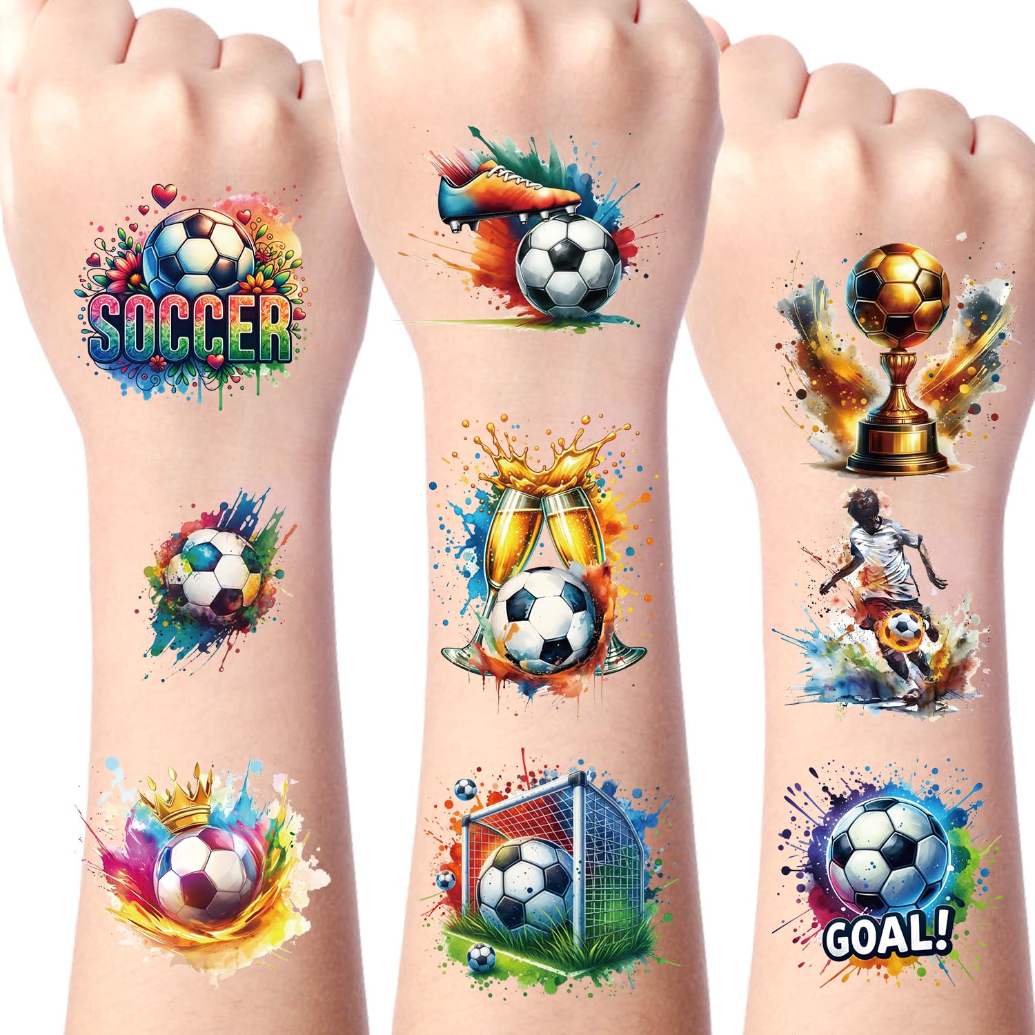 Gameza 120PCS Soccer Temporary Tattoos for Kids - Watercolor Soccer Tattoo Stickers for Sports Birthday Party Decorations, Favors, Prizes & Rewards | Perfect for Soccer Themed Parties, Team Events & Youth Sports Awards