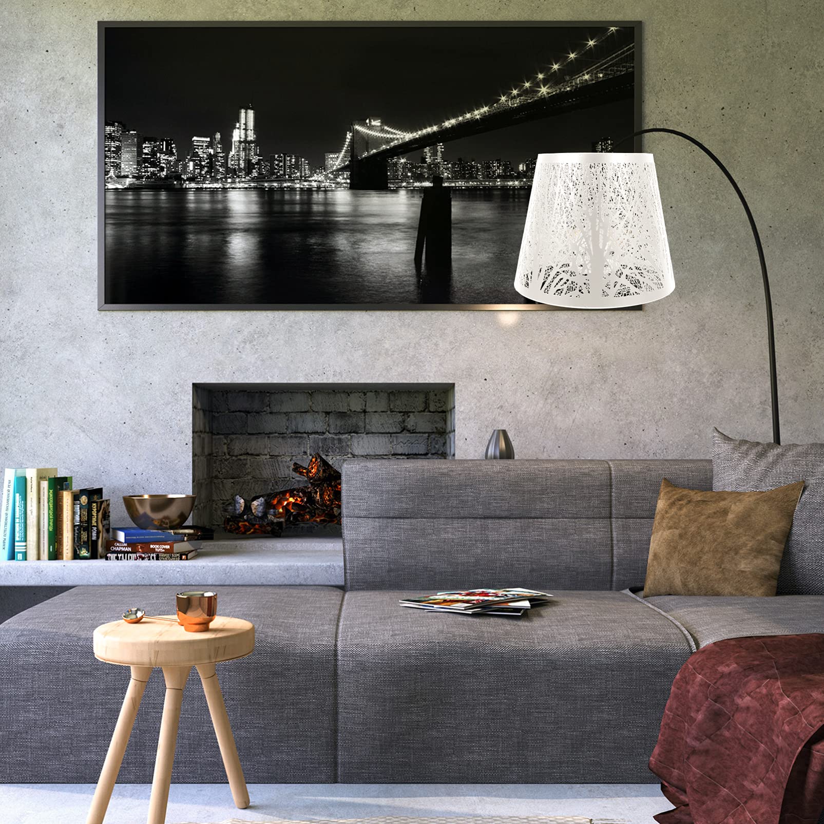 Lurrose Modern Metal Drum Lampshade - E27 Barrel Lamp Cover with Tree Shadow Design for Bedroom, Table & Floor Lighting - White Chandelier Style Shade (Perfect for Living Room Decor, Reading Nook & Cozy Ambiance)