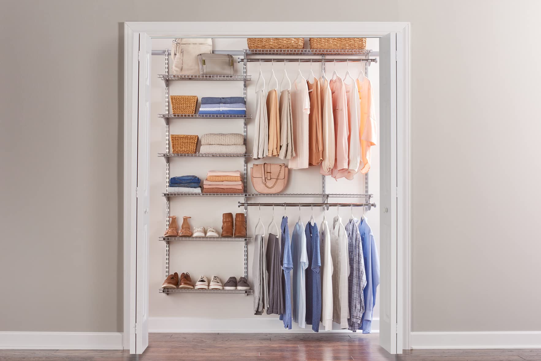 Rubbermaid Configurations Deluxe Custom Closet Kit - 3-6 Ft Adjustable Metal Wire Shelving System with Titanium Finish | Expandable Storage Organizer for Home Closet, Pantry, Laundry & Mudroom | Easy Installation with Included Hardware | Perfect for Bedroom, Garage & Basement Organization