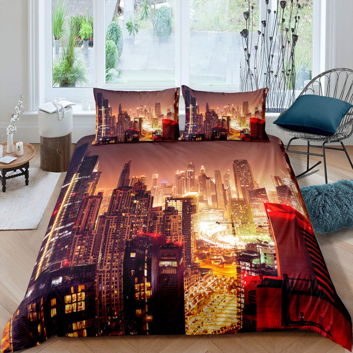Modern Cityscape Duvet Cover Twin Size - Bustling Night City Printed Bedding Set with Zipper Ties | Soft Microfiber Comforter Cover for Adults, Teens & Women | Perfect for Urban Decor, Teen Bedrooms & Cozy Apartment Living