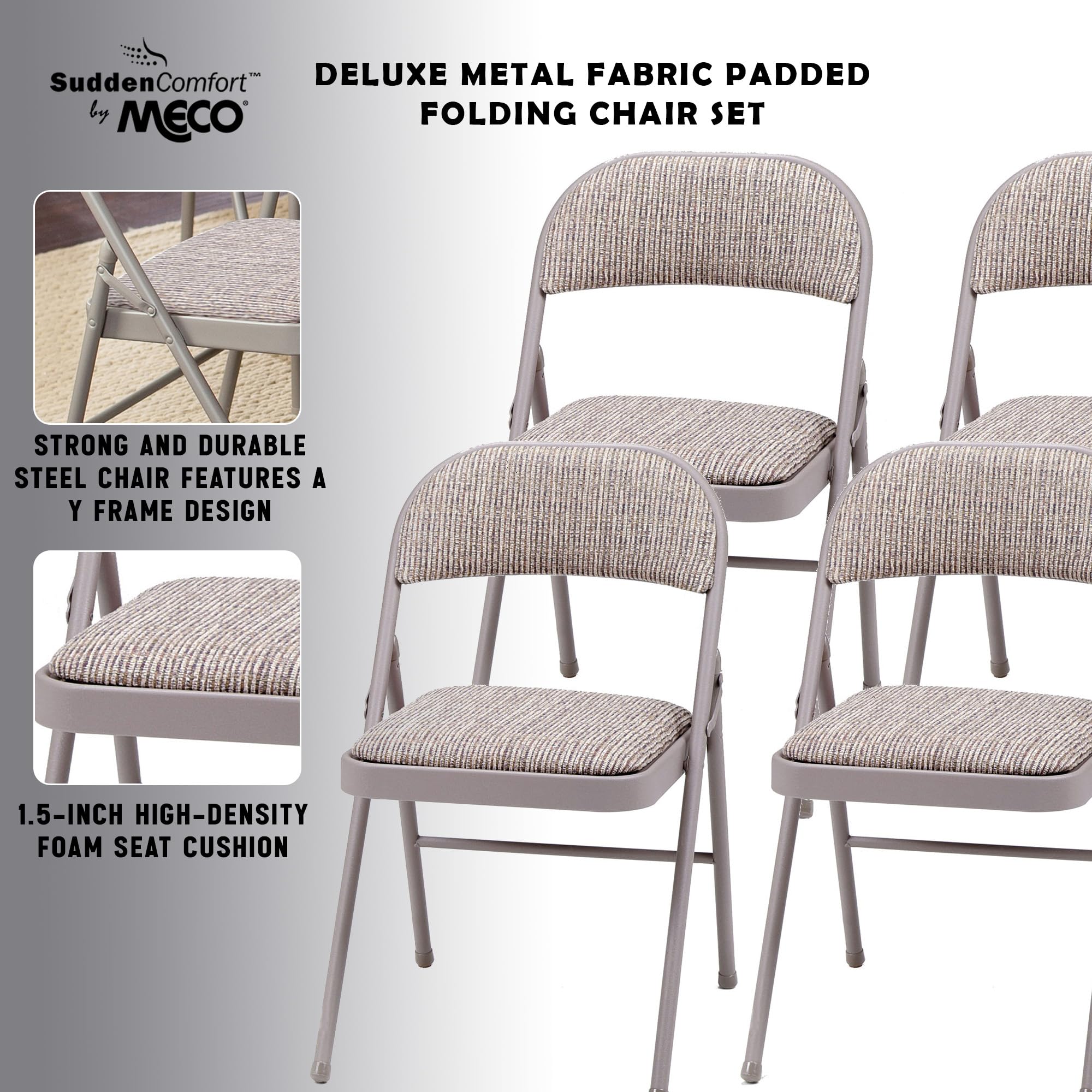 MECO 4 Pack Padded Folding Chairs - Comfortable Fabric Foldable Card Table Chairs with Chicory Lace Design for Dining, Parties, and Outdoor Events
