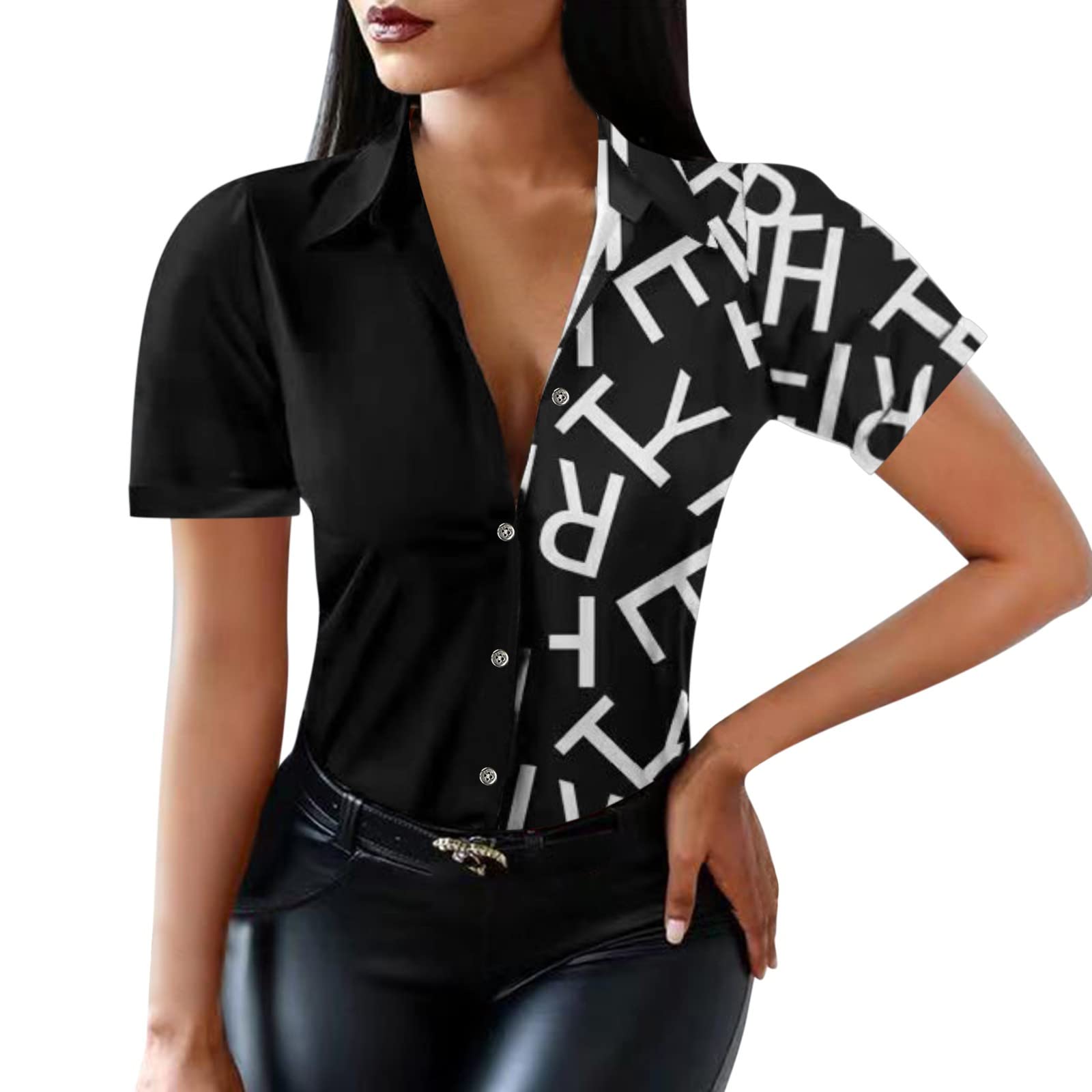 Vintage Letter Print Women's Short Sleeve Lapel Colorblock Tunic Top - Spring Fashion Blouse for Casual Wear, Office & Date Night Outfits