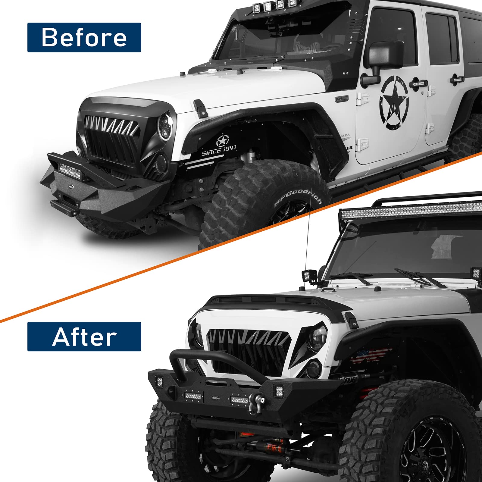 Hooke Road Jeep Wrangler JK Hood Protector (2007-2018) - Bug Deflector & Windshield Guard with Amber LED Lights | Off-Road Protection & Highway Driving Accessory