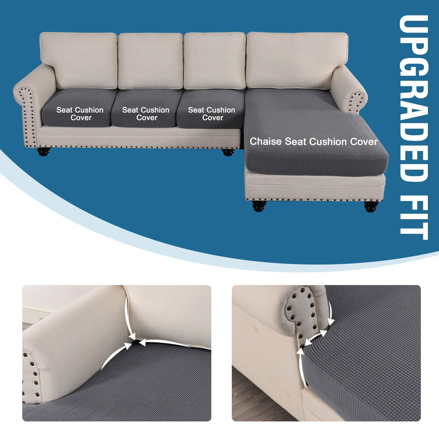 H.VERSAILTEX 4-Piece L-Shaped Sectional Sofa Cover Set - Reversible Left/Right Chaise & Cushion Covers (Grey) - Perfect for Living Room, Family Room & Home Theater Seating Protection